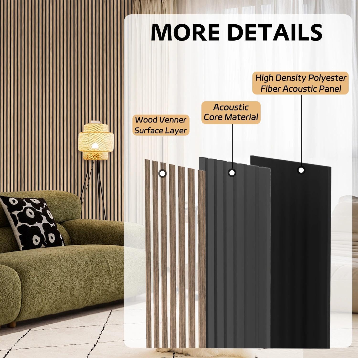 Detalle de RITOLLO XYB-Walnut Wood Slat Acoustic Wall Panels, 2-Piece Natural Walnut