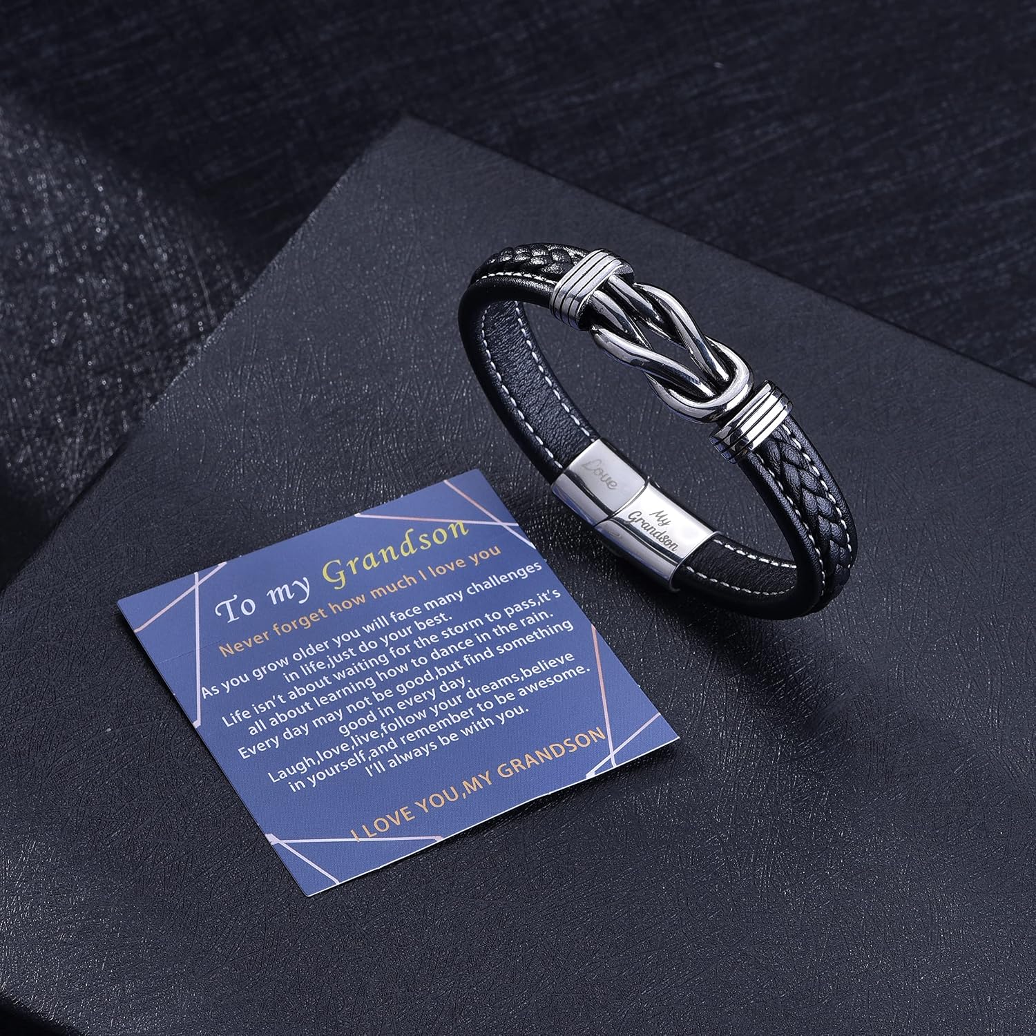 Thumbnail 1 de To My Grandson leather bracelet with engraving and stainless steel clasp – braided gift for Christmas, birthdays and more