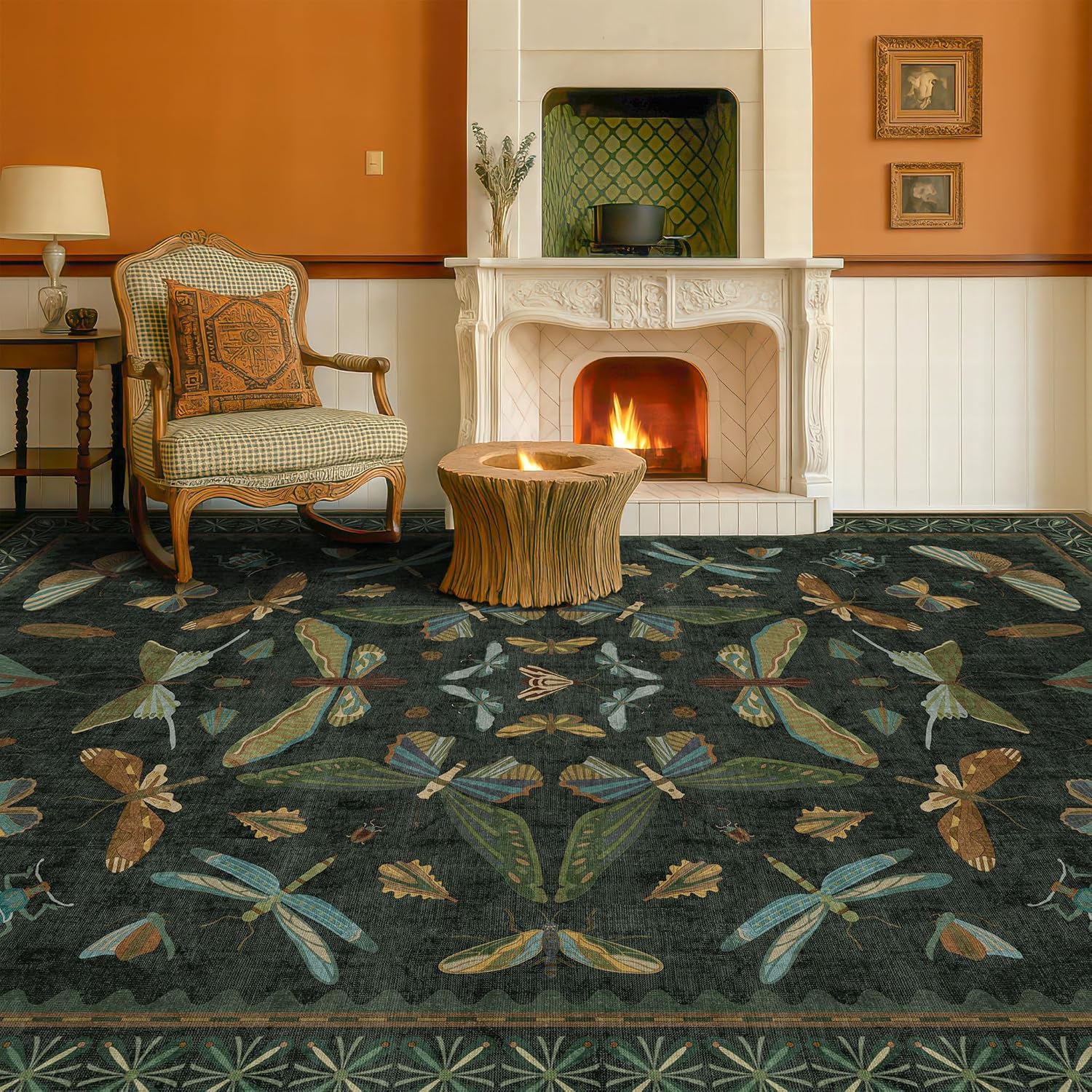 Detalle de 6x9 Dark Green Area Rug with Insect Floral Design — Non-Slip, Low-Pile for Dining, Living, and Bedrooms