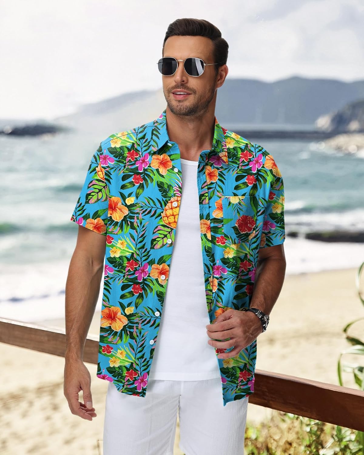 Detalle de HMIYA Hawaii Hemd für Herren – 100% Baumwolle, Kurzarm, Button-Down, Vordertasche