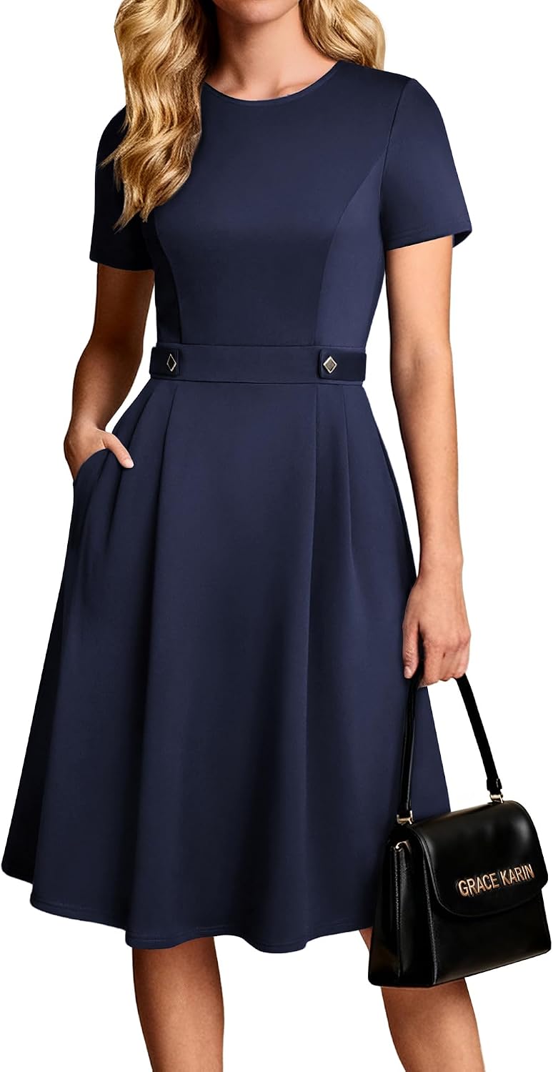 Detalle de GRACE KARIN A-Line Dress for Women UK – Elegant Crew Neck with Pockets
