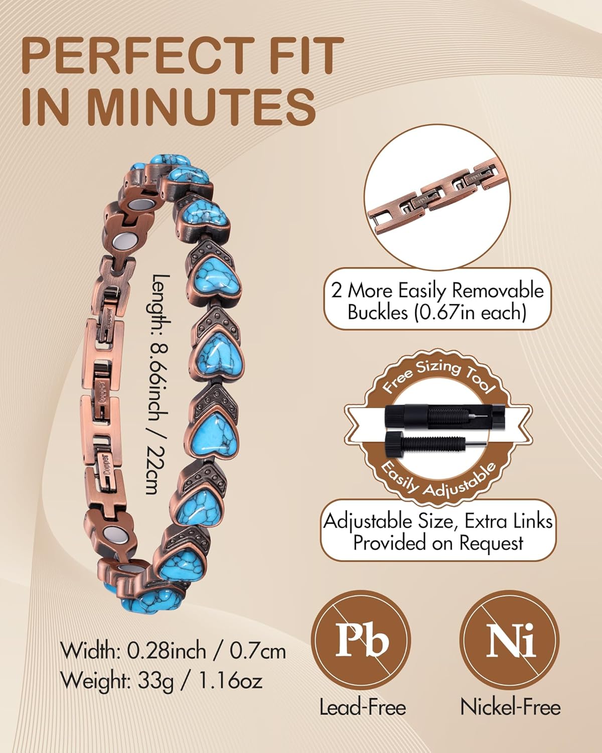 Thumbnail 6 de Feraco Pure Copper Bracelet for Women with Ultra-Strength Magnets and Turquoise Stones