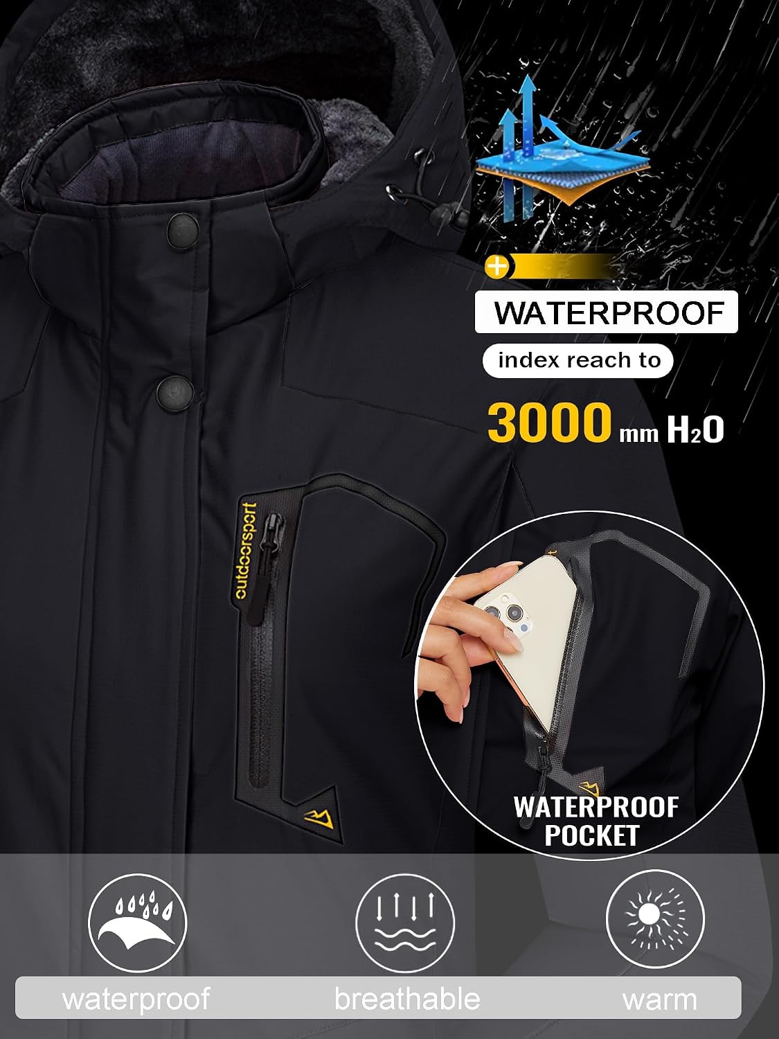 Thumbnail 3 de TACVASEN Women's Waterproof Ski Jacket with Detachable Hood