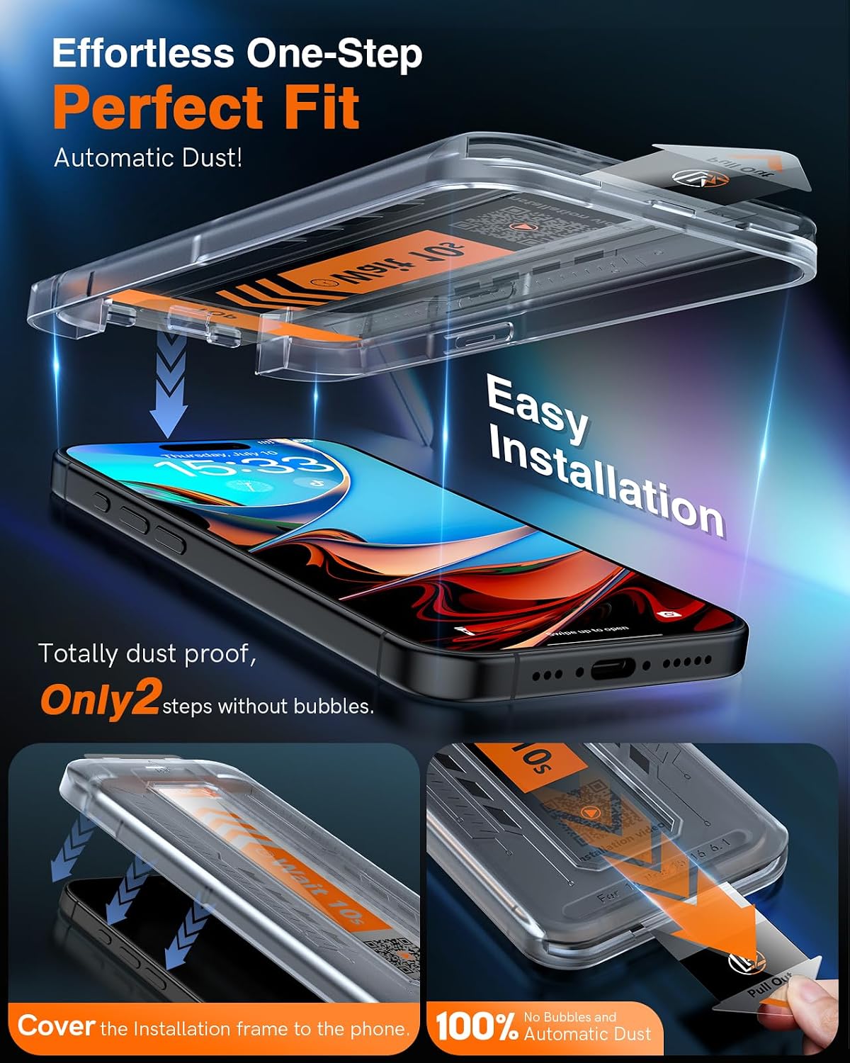 Detalle de LK 2 Pack for iPhone 16 Screen Protector – 9H+ Tempered Glass with Auto Dust Removal