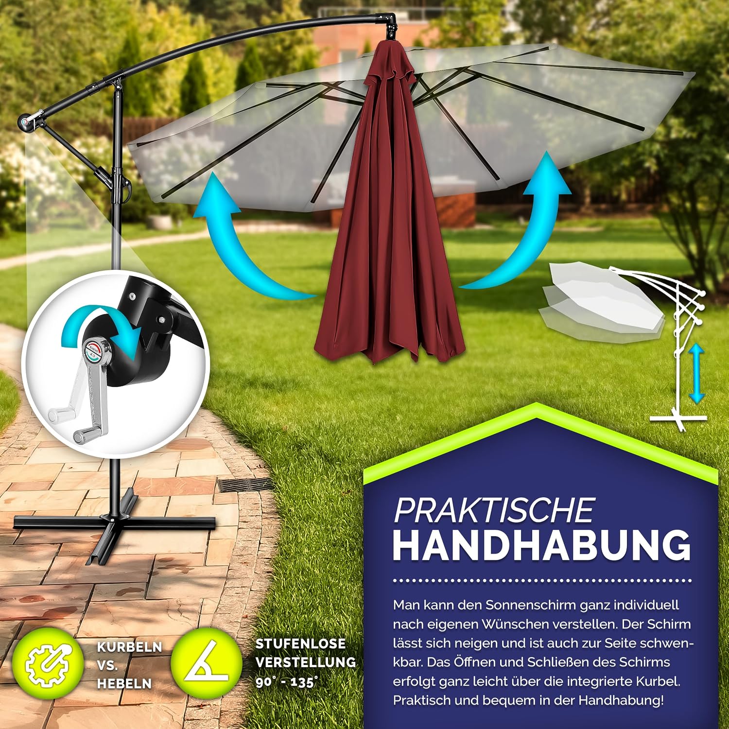 Detalle de tillvex Alu Sonnenschirm mit Abdeckung Ø 300 cm, Kurbel, 360° drehbar und Windschutz