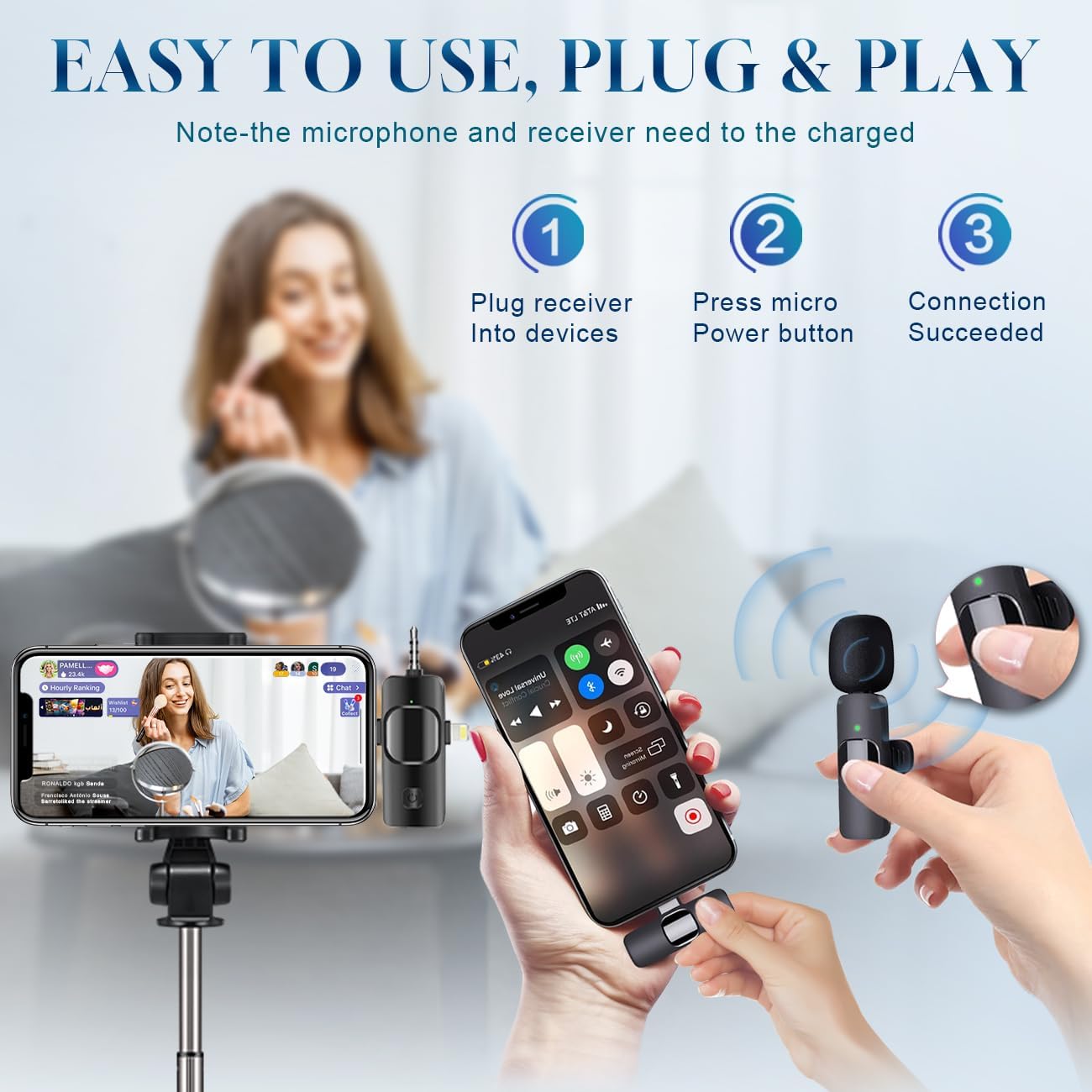 Detalle de Akcswo M1 Wireless Lavalier Microphone, 2.4 GHz, Noise Reduction, 3 Mics