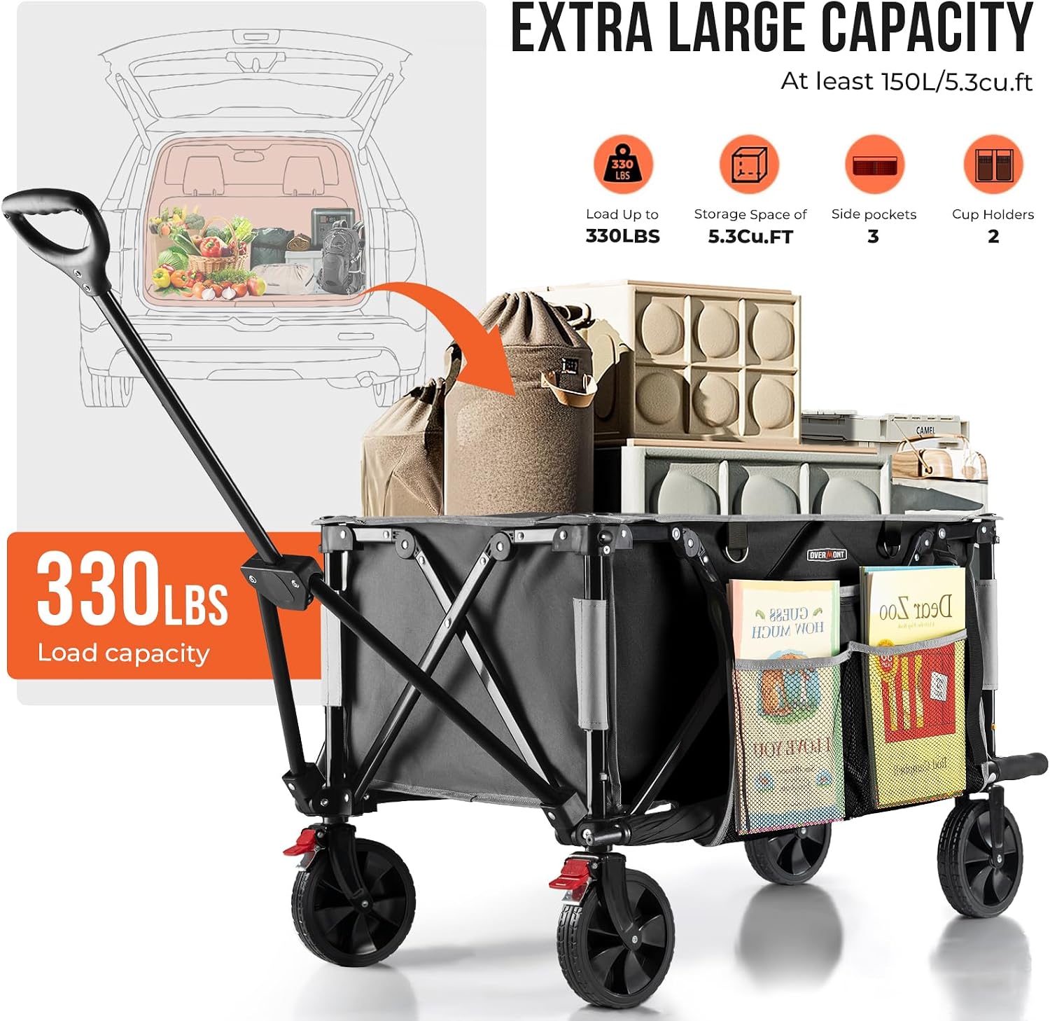 Detalle de OVERMONT OM-NWC-01 150 L Folding Wagon Cart, 330 lb Capacity, Side Storage