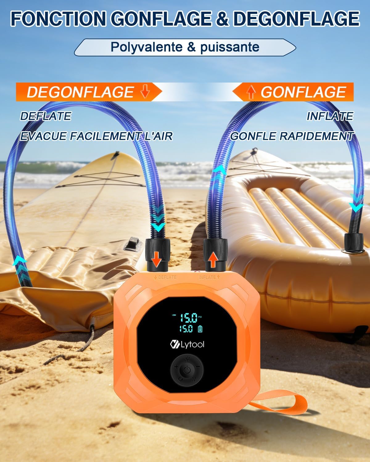 Detalle 2 de Pompe SUP électrique 50 PSI Lytool, gonflage/dégonflage automatique (3 étages) avec batterie 12000 mAh et 12V DC