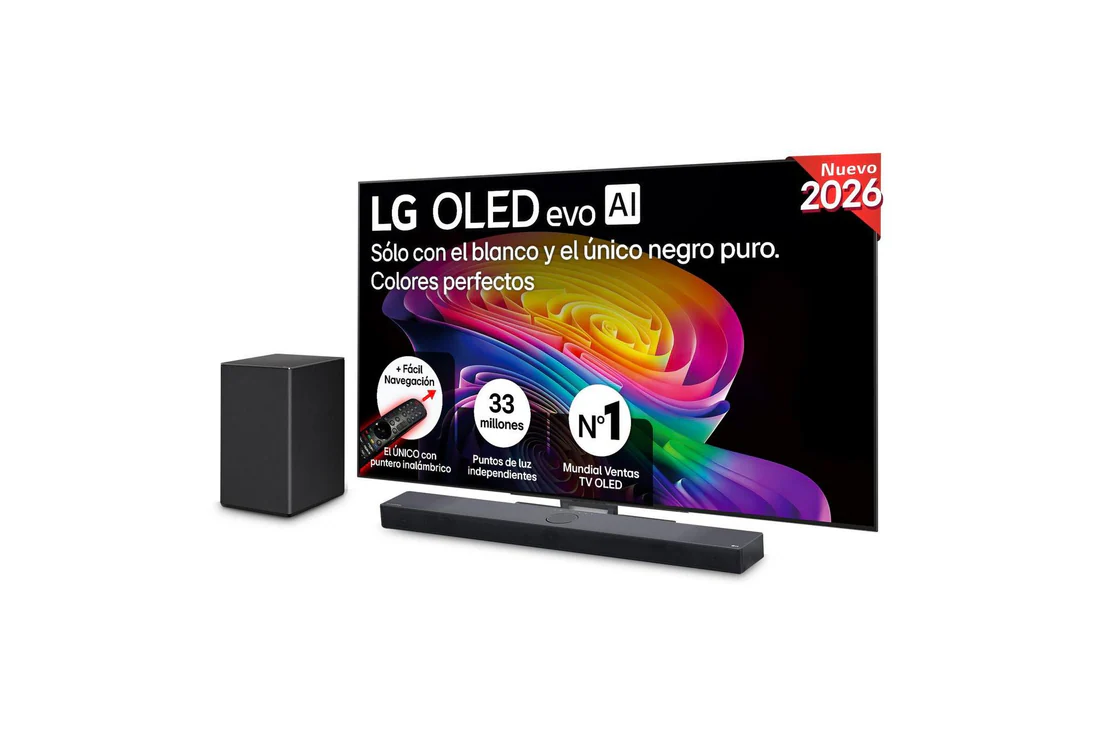 Detalle de LG OLED evo AI C6 65'' (2026) con Barra SC9S: experiencia OLED 4K y sonido envolvente