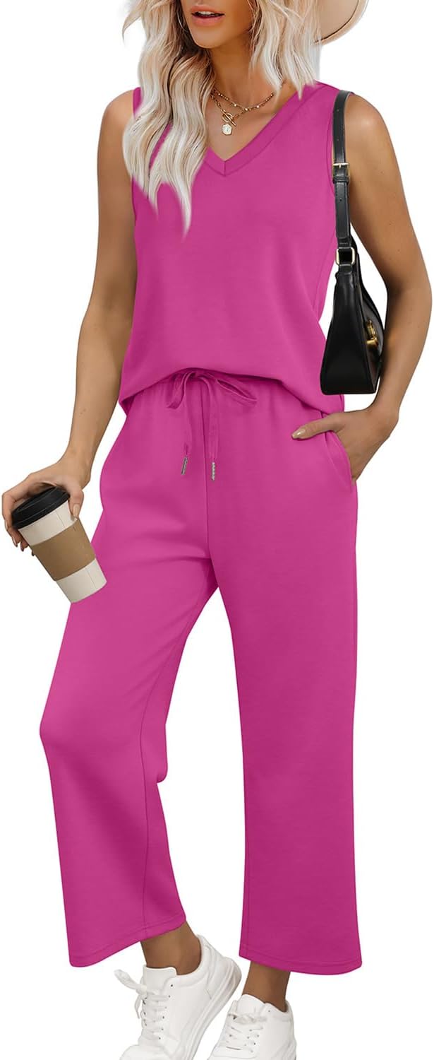 Thumbnail 6 de WIHOLL Two Piece Set for Women: Summer Lounge Set with V Neck Top and Wide-Leg Cropped Pants