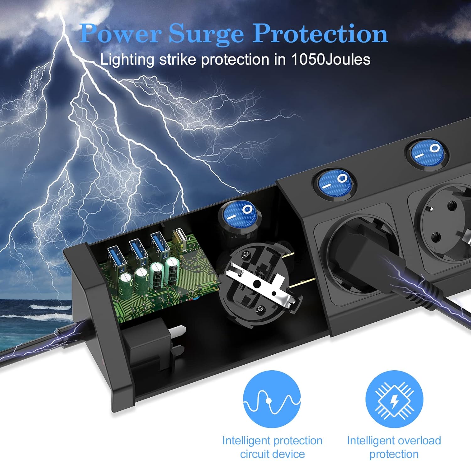 Detalle 2 de AUOPLUS Steckdosenleiste Einzeln Schaltbar – 5 Steckdosen, USB-C PD 20W, 2 m Kabel, Wandmontage, Überspannungsschutz