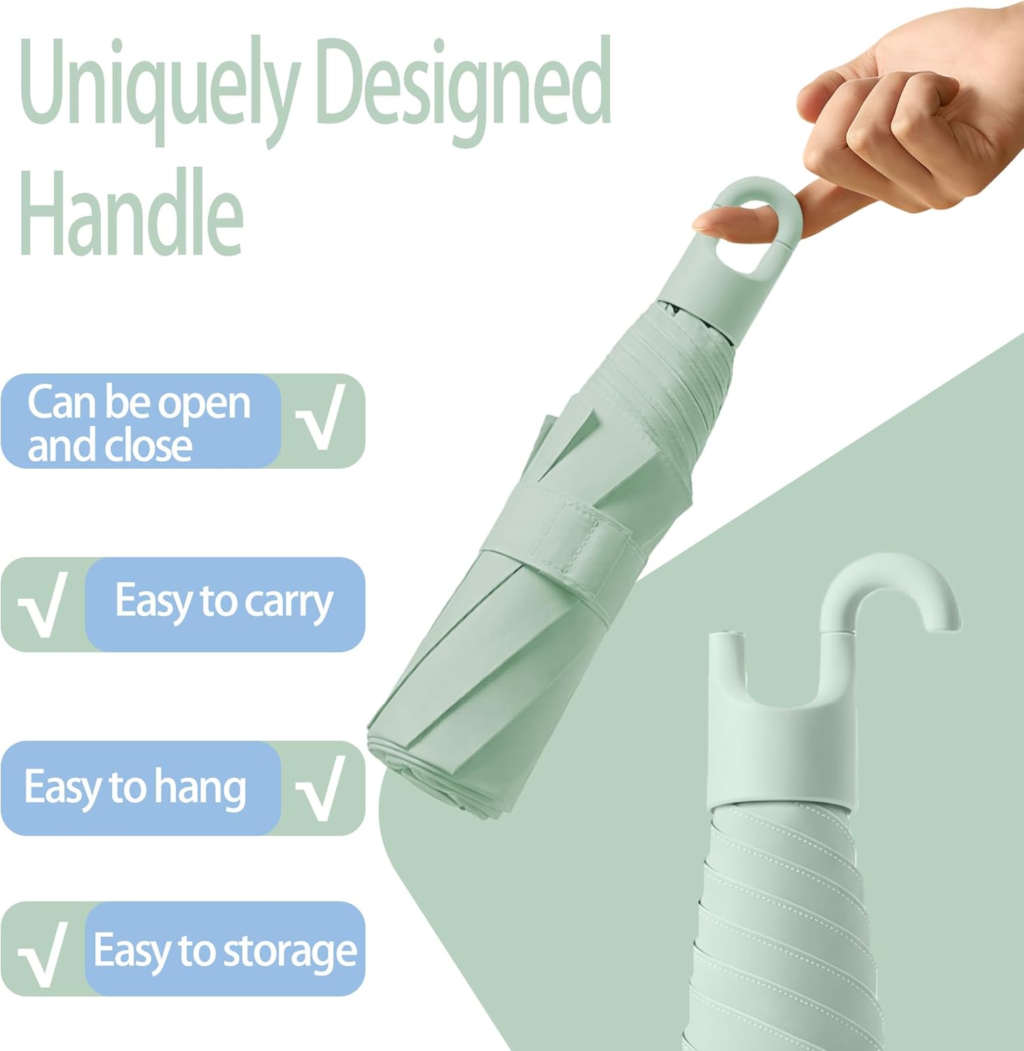 Detalle de Travel Folding Umbrella with Rotating Open & Close Ring Carabiner Handle – Portable, UV Protective and Lightweight