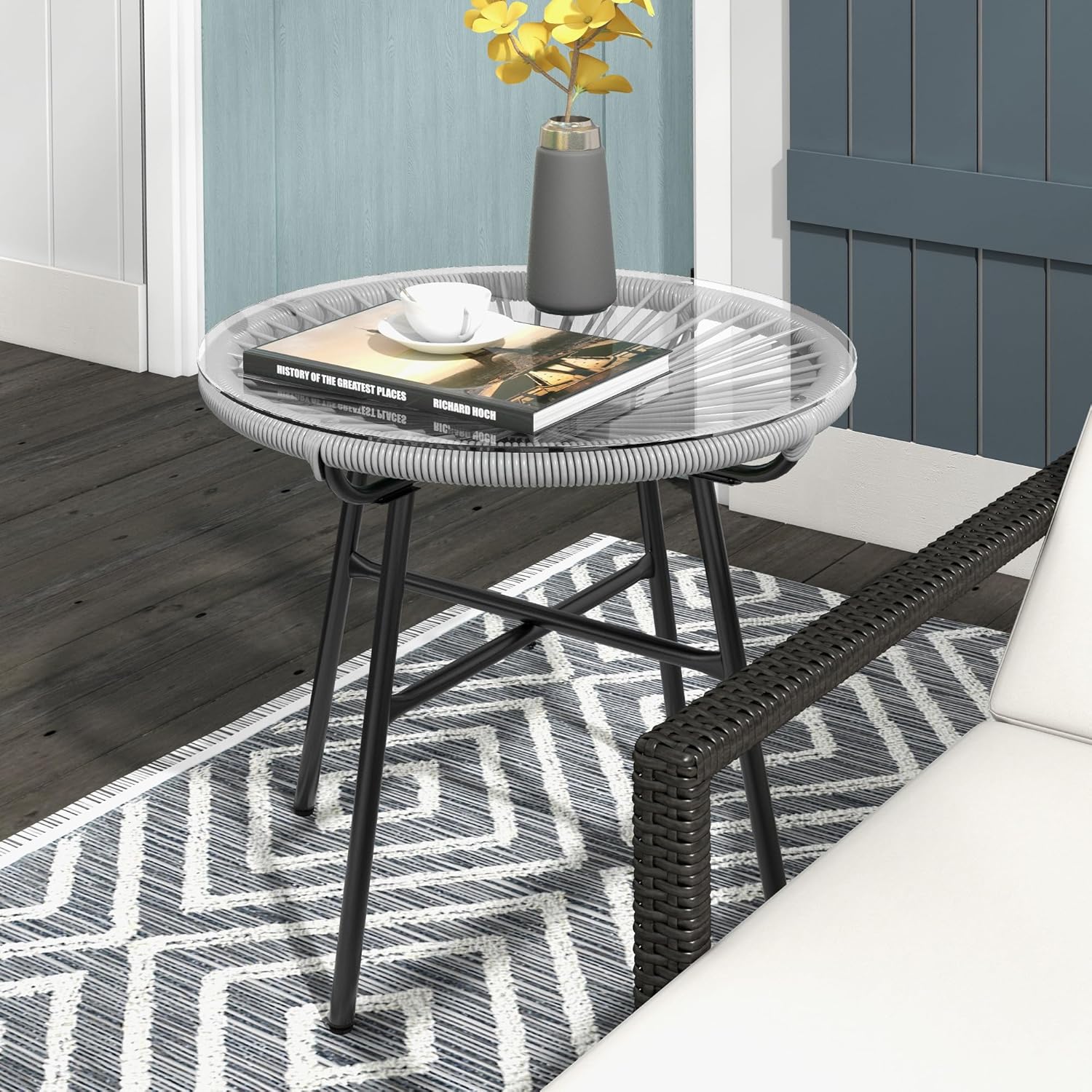 Thumbnail 1 de Table basse ronde Outsunny en résine, rotin métal et plateau verre trempé Ø50 cm – Gris