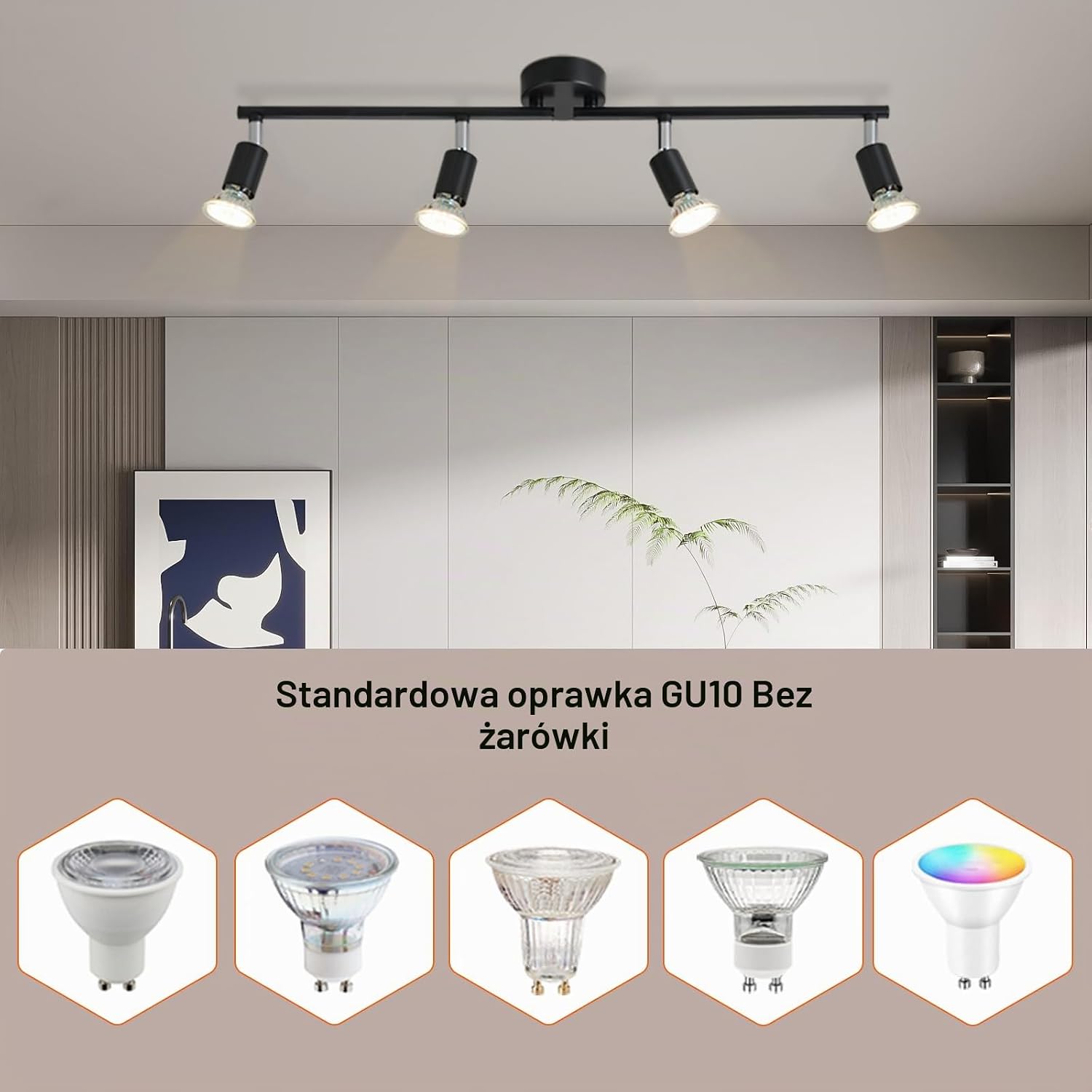 Detalle 1 de Lichtmaler S104-ZH – czarna lampa sufitowa z 4 reflektorami GU10
