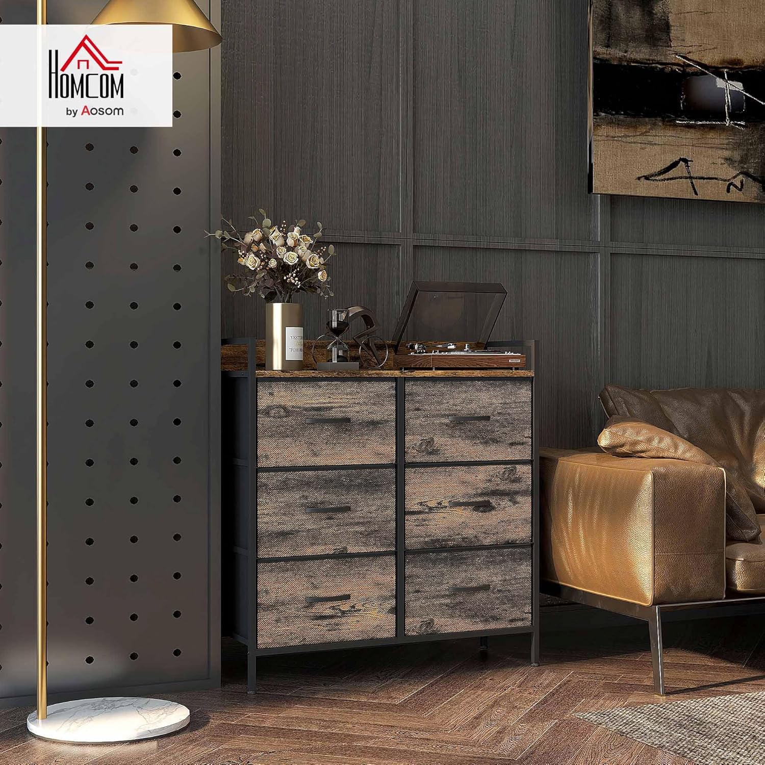 Detalle 2 de HOMCOM Commode en tissu à 6 tiroirs pliables avec cadre en acier – look industriel pour chambre et salon