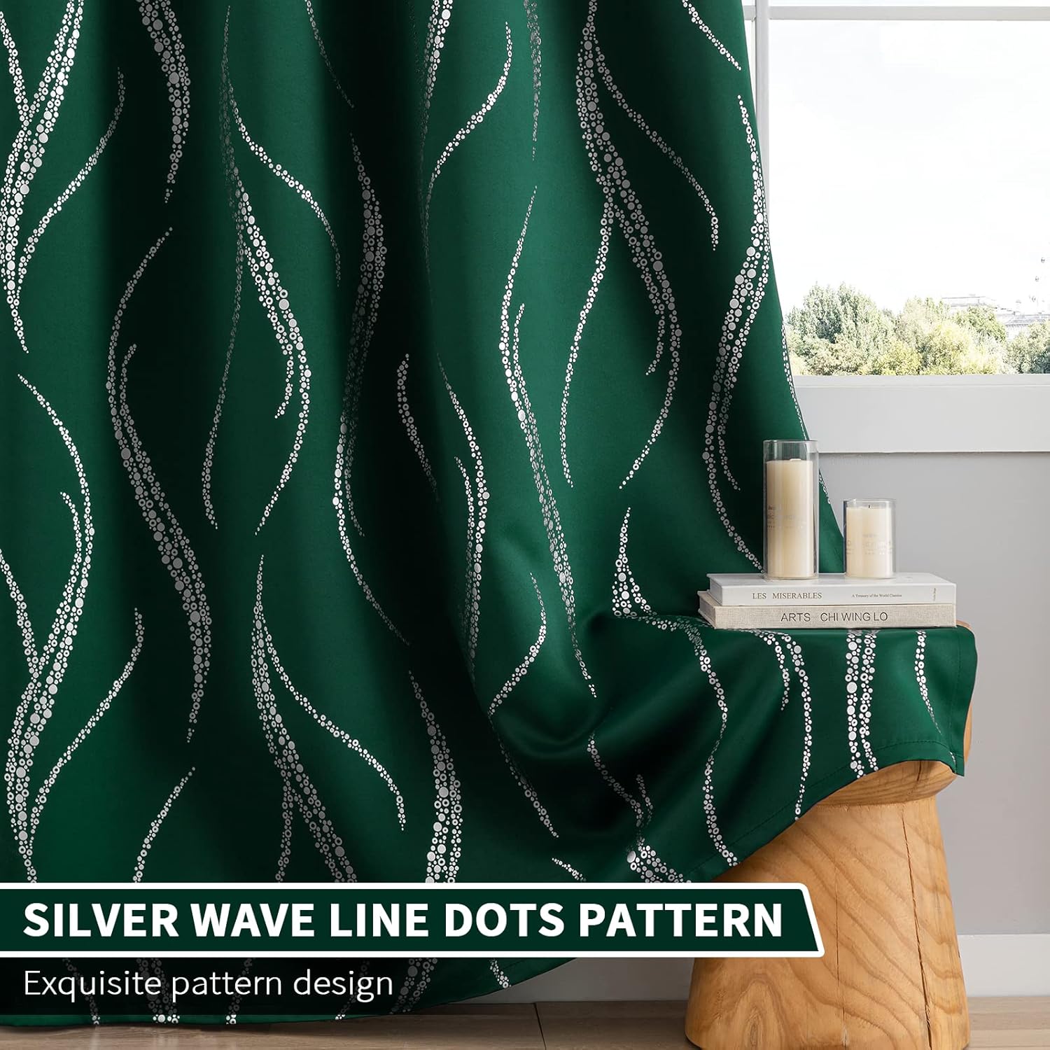 Thumbnail 5 de Yakamok Blackout Curtains 95" Emerald Green Silver Wave Dots 2 Panels