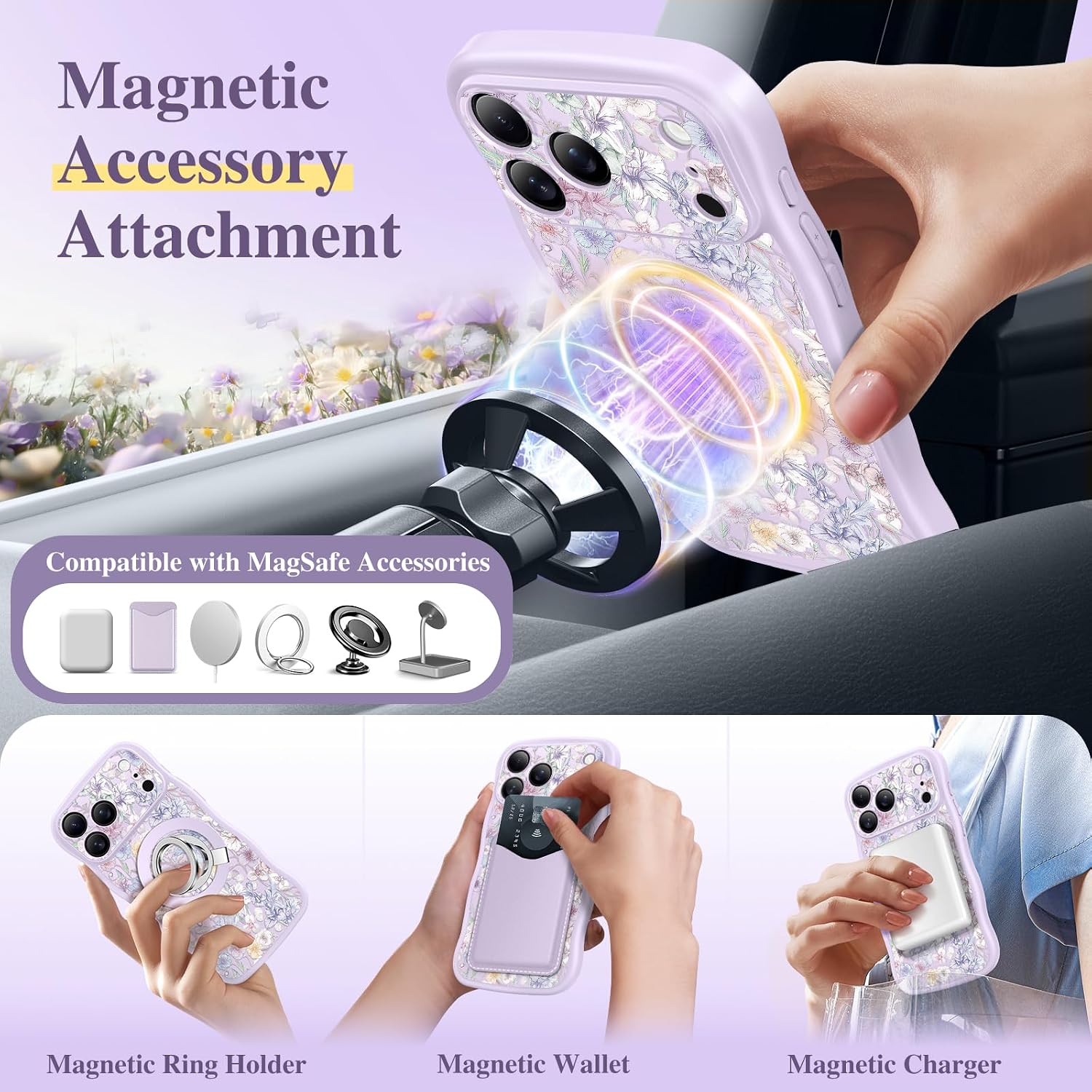 Detalle 2 de GVIEWIN for iPhone 17 Pro Case with MagSafe — Curly Wave Edge, Full Camera Protection, Floral Translucent Shockproof