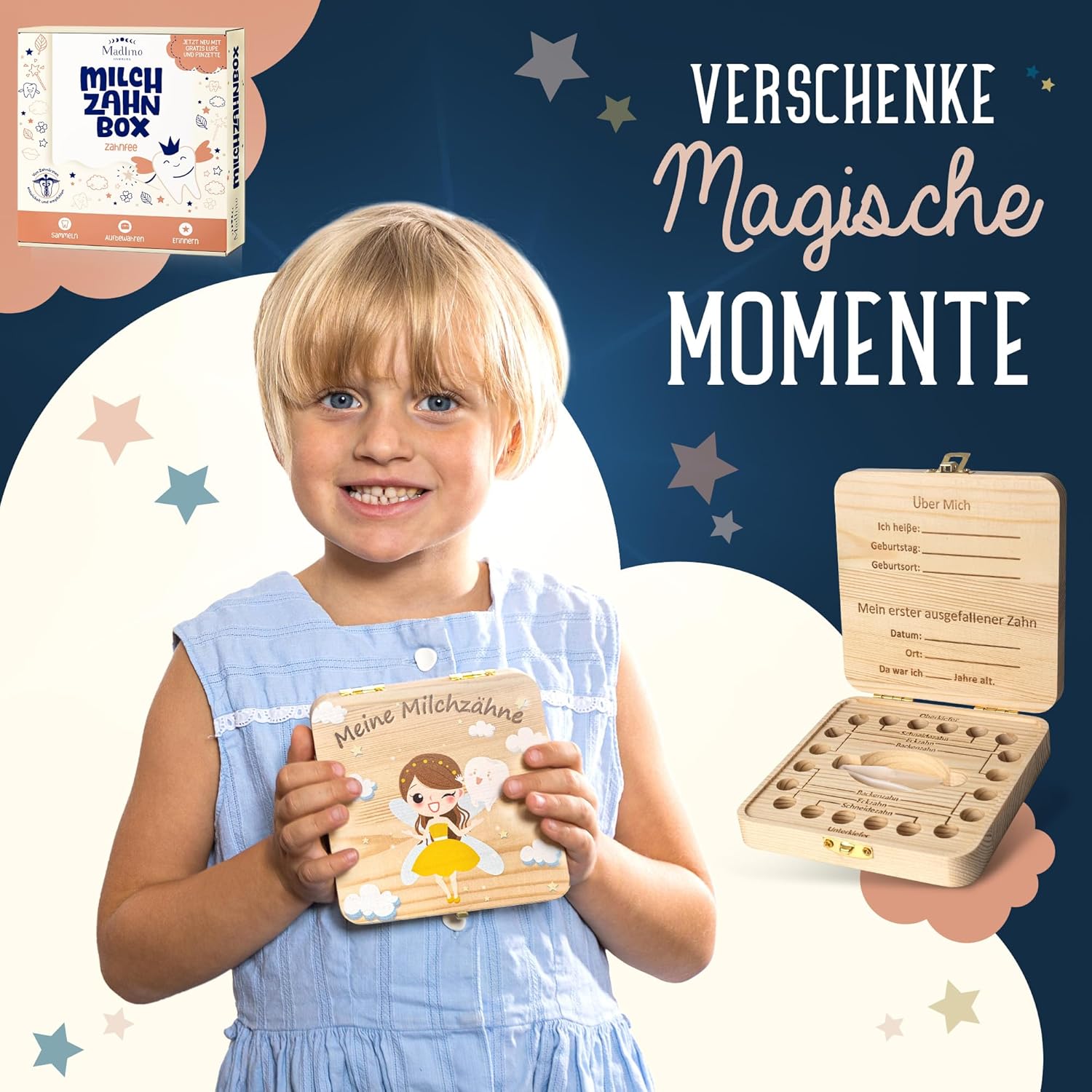 Thumbnail 2 de Madlino Zahndose „Milchzähne“ für Mädchen & Jungen inkl. Zahnfee-Brief & Lupe – personalisiert aus Holz