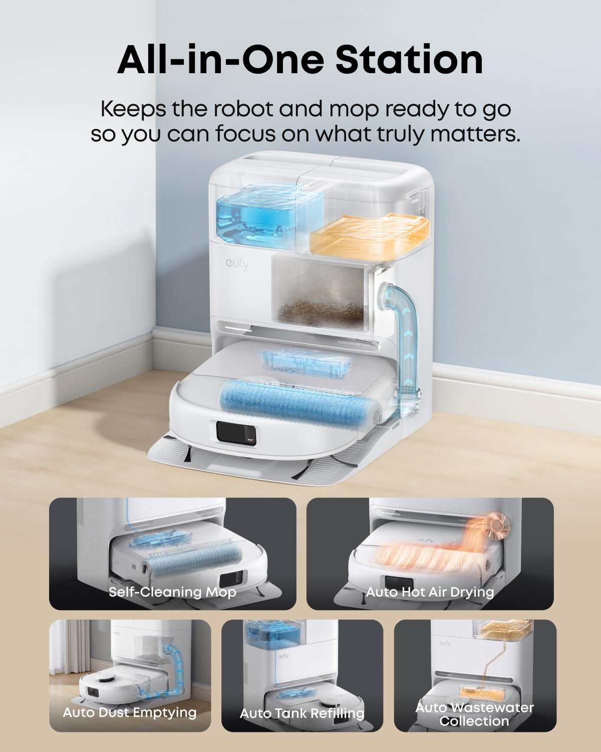 Detalle 1 de eufy C28 robotdammsugare med HydroJet-rullmopp, 15 000 Pa och 5-i-1-station