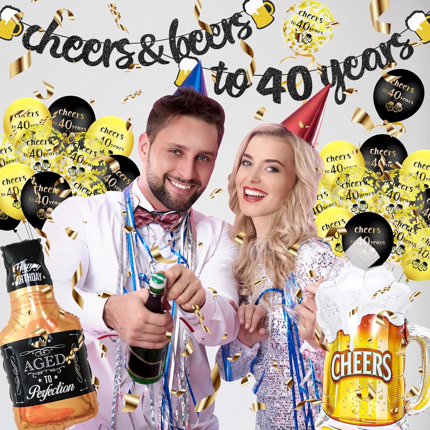 Thumbnail 3 de 40th Birthday Decoration Kit: Happy 40 Balloons, 40 Banner & Black & Gold Foil Balloons