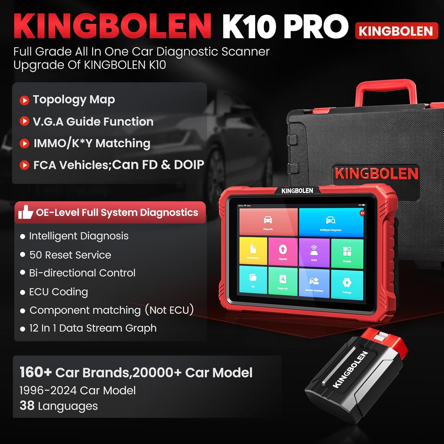 Detalle 2 de KINGBOLEN K10 PRO Car Diagnostic Tool: OE‑Level Full System Bidirectional Scan