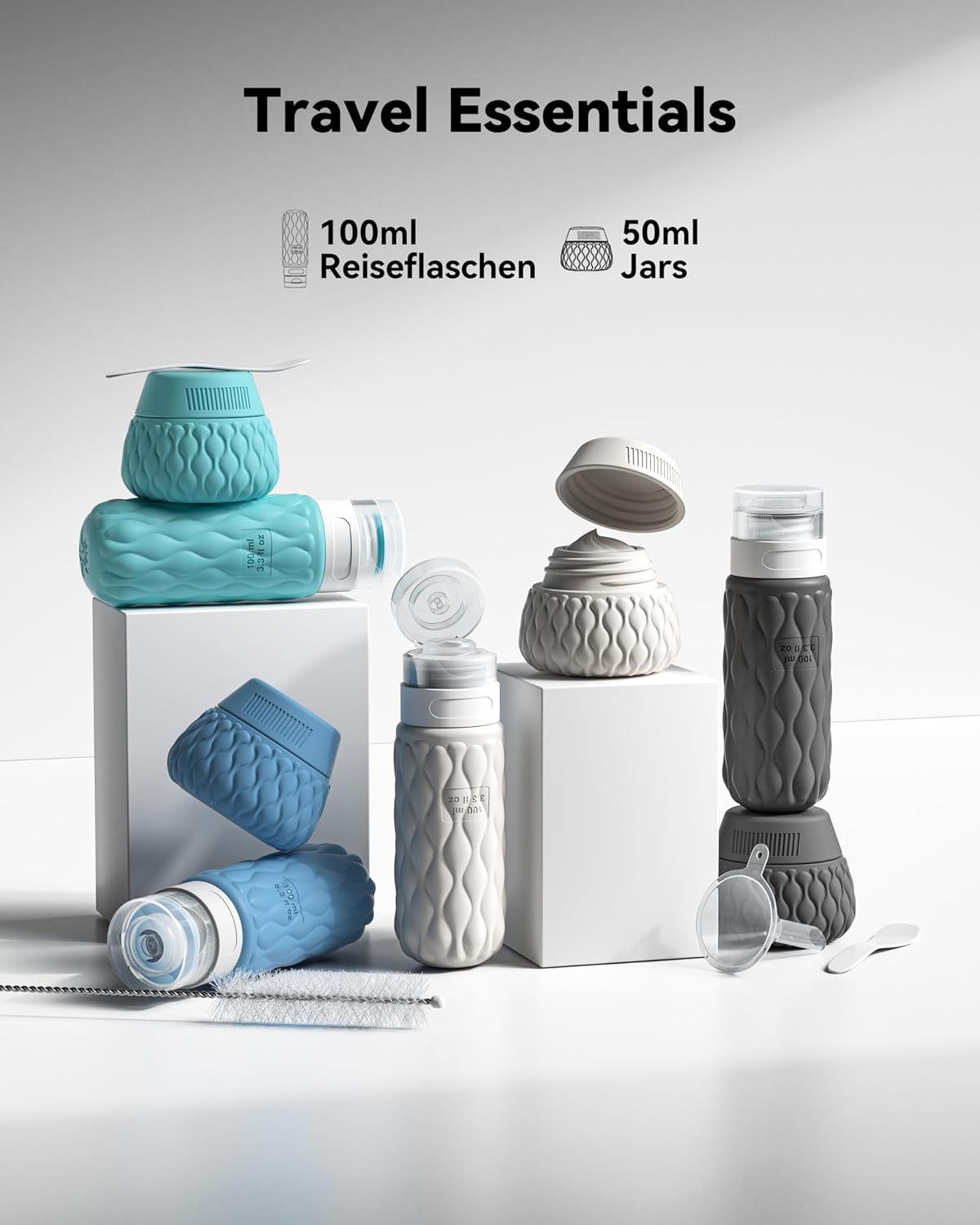 Detalle 2 de Lericttor 4-tlg. Silikon Reiseflaschen-Set 100 ml mit Etiketten – Tropfsicher, wiederbefüllbar