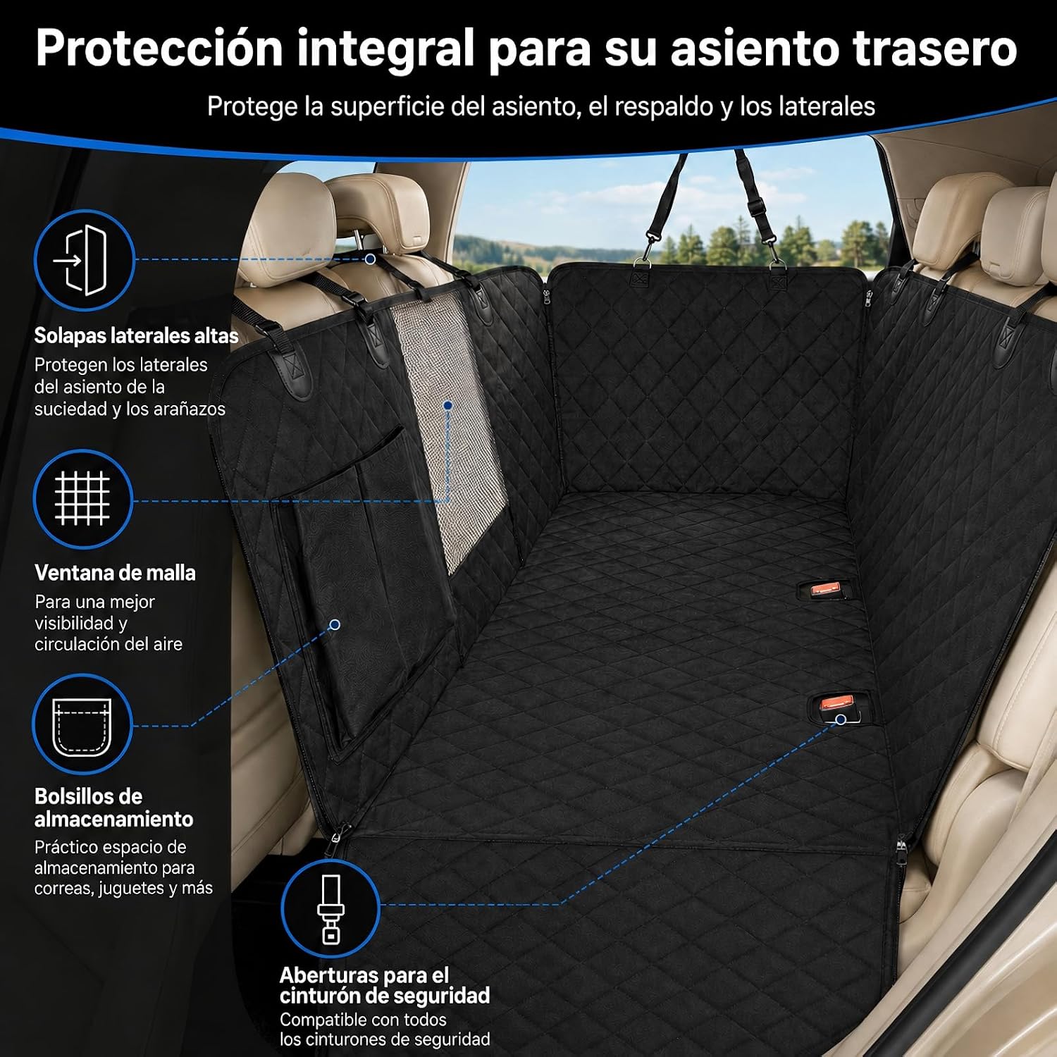 Detalle de Sosayet funda coche 4 en 1 para perros (asiento trasero) 137 x 147 cm, impermeable antideslizante con ventana lateral