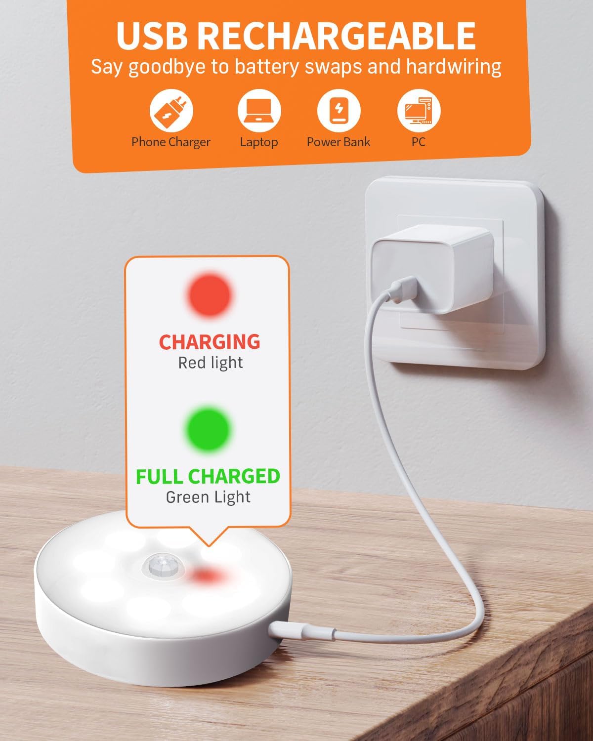 Detalle de Motion Sensor Lights Indoor, 6 Pack: USB Rechargeable Cupboard & Stair Lights with Magnetic Attachment