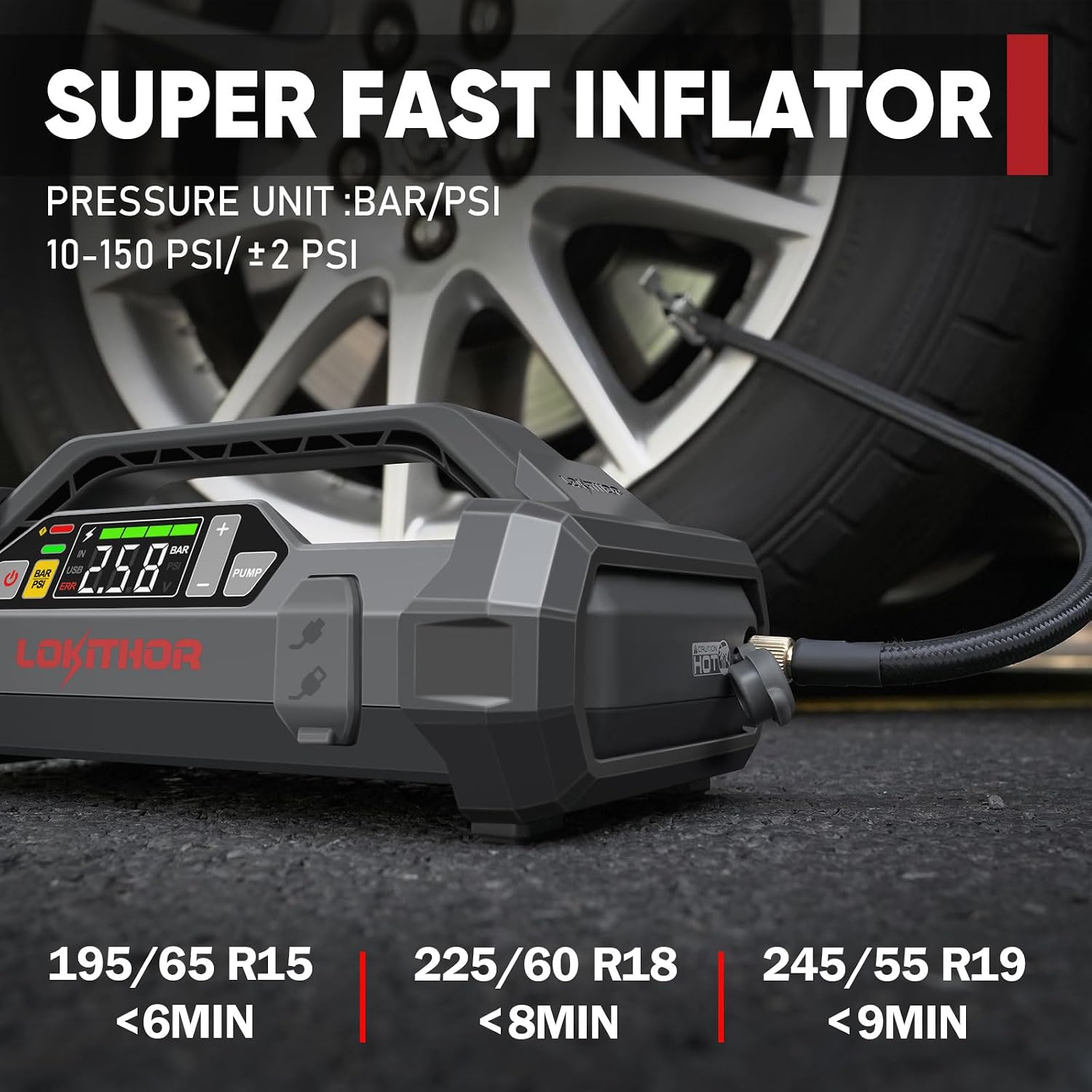 Detalle de LOKITHOR JA300 : booster 1500A avec compresseur 150 PSI et batterie 12 V externe