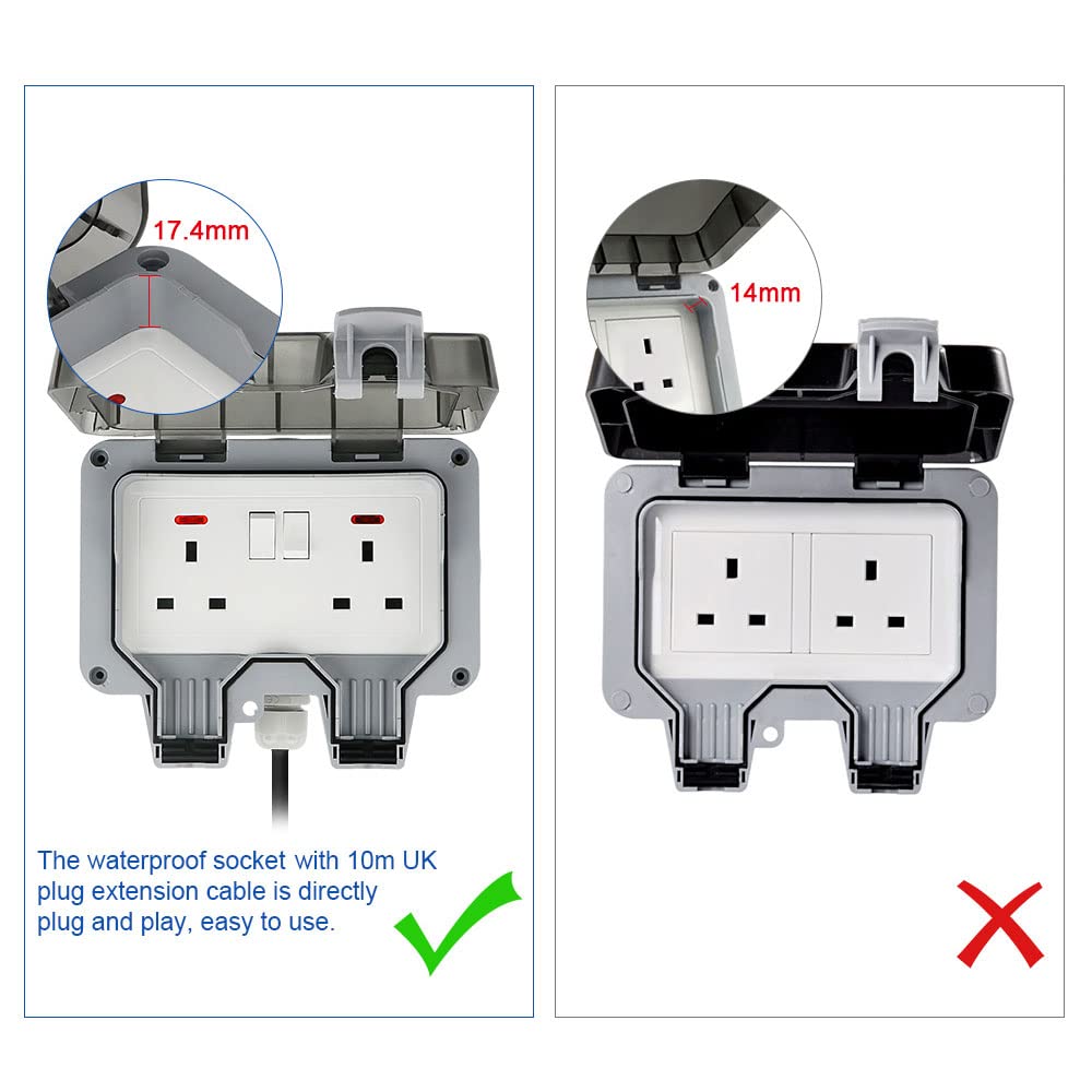 Detalle de Waterproof Outdoor Sockets with 10m Extension Cord – IP66 Weatherproof Double Plug, External Wall 2 Gang Storm Switched Socket