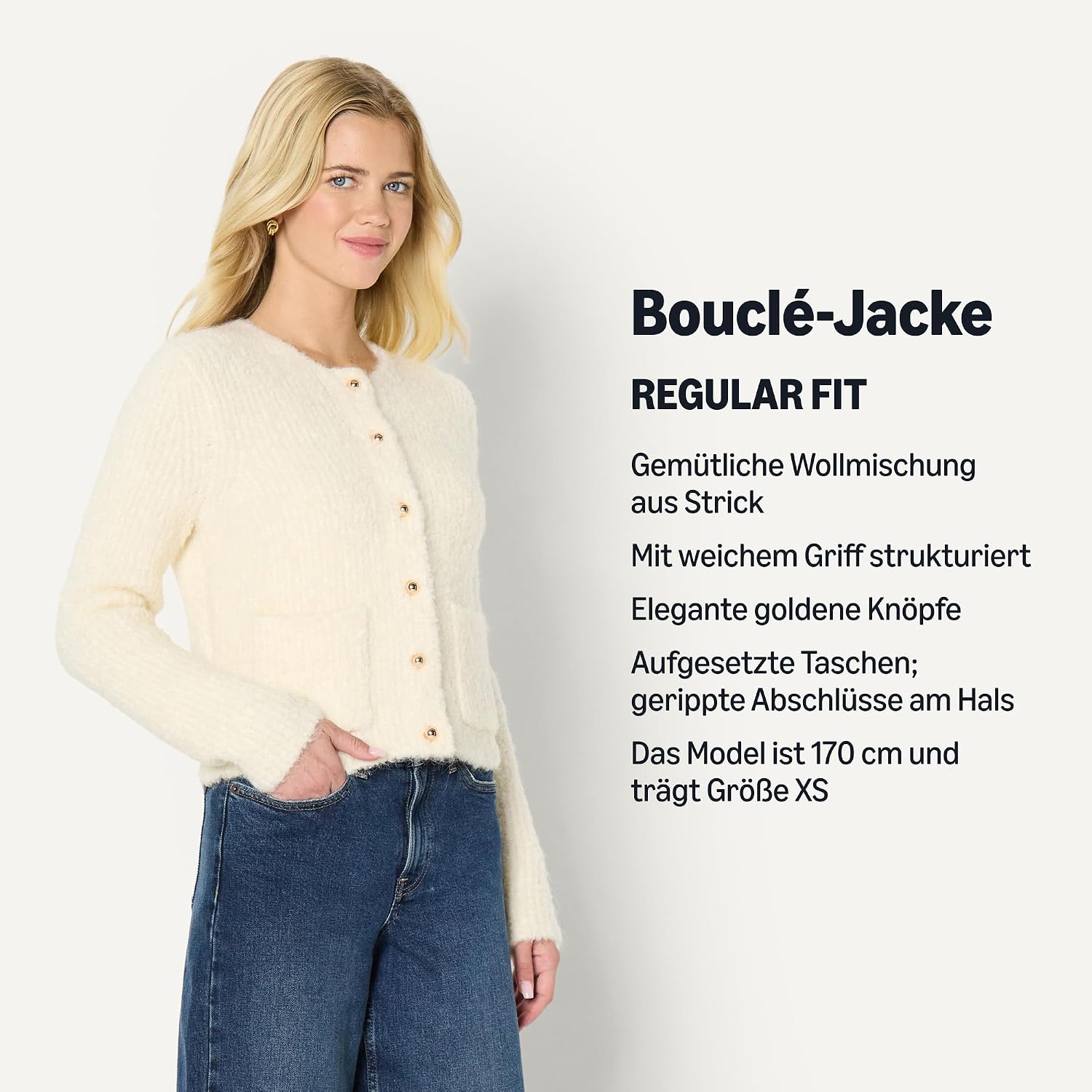 Detalle 2 de Amazon Essentials Damen Regular-Fit Bouclé-Jacke aus Wollmischung mit Knöpfen