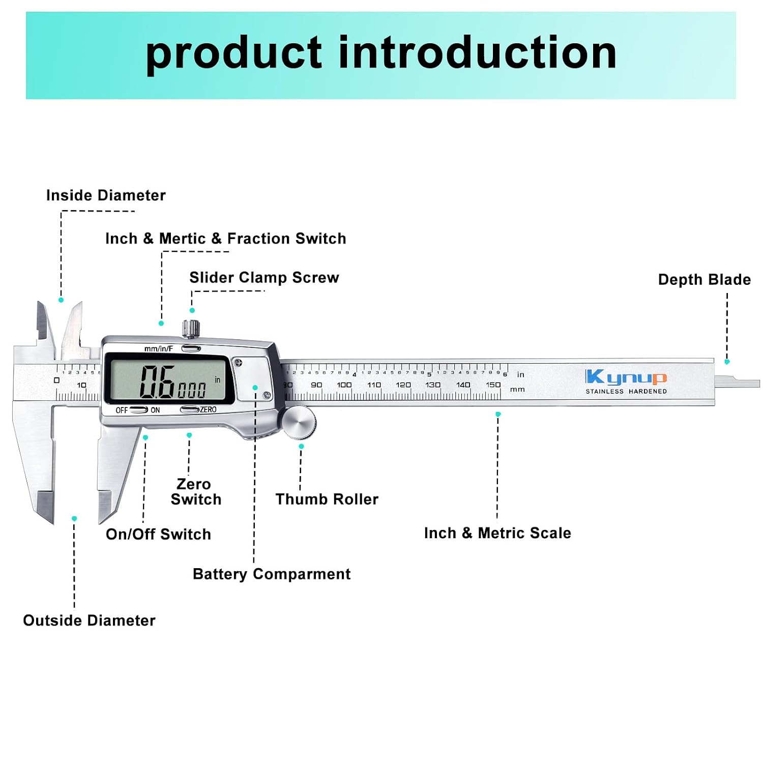 Detalle de Kynup 6-Inch Digital Caliper, Stainless Steel, Inch, Metric and Fraction Modes