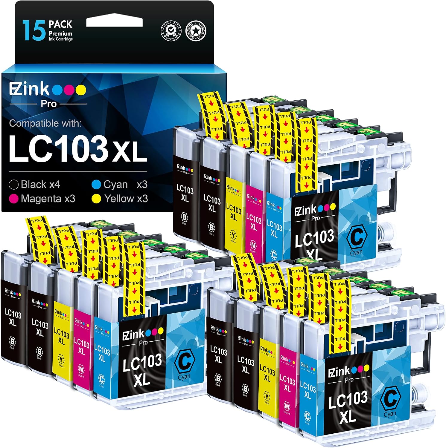 Detalle de E-Z Ink Pro LC103XL Ink Cartridge 15-Pack for Brother Printers, 4 Colors