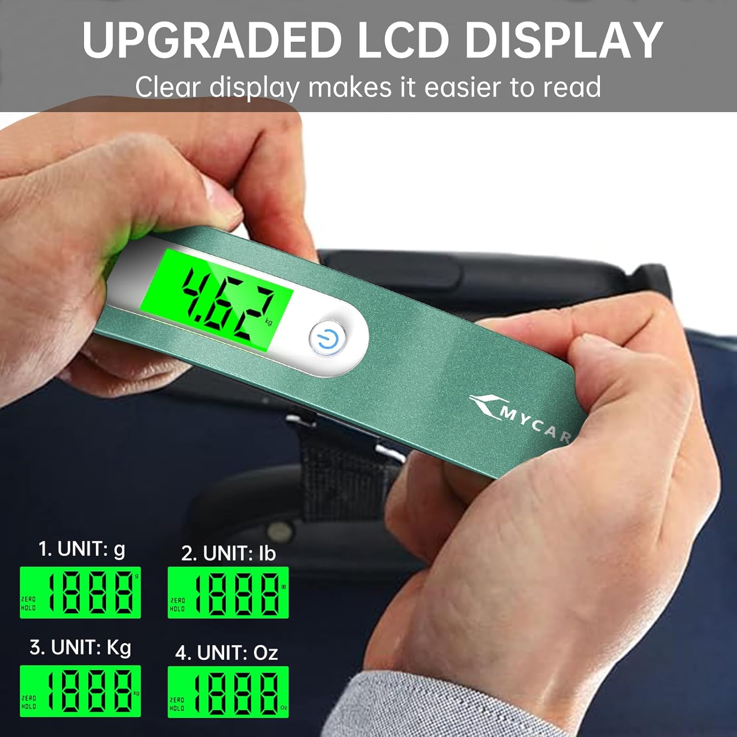 Detalle de MYCARBON Digitale Kofferwaage – kompakte Gepäckwaage mit Klar-LCD, 50 kg, Grünschwarz