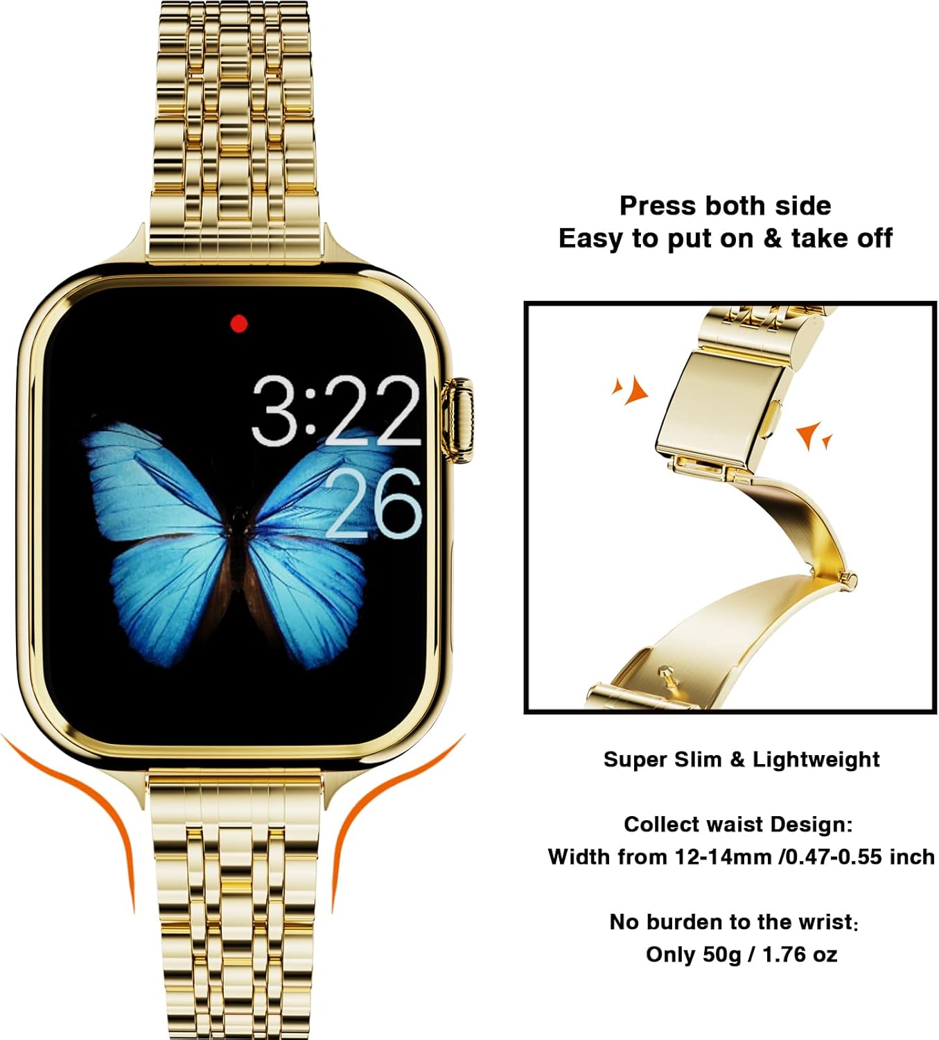 Thumbnail 2 de ARTCHE Slim watch strap for Apple Watch 42mm/41mm/40mm (gold) – thin stainless steel adjustable band