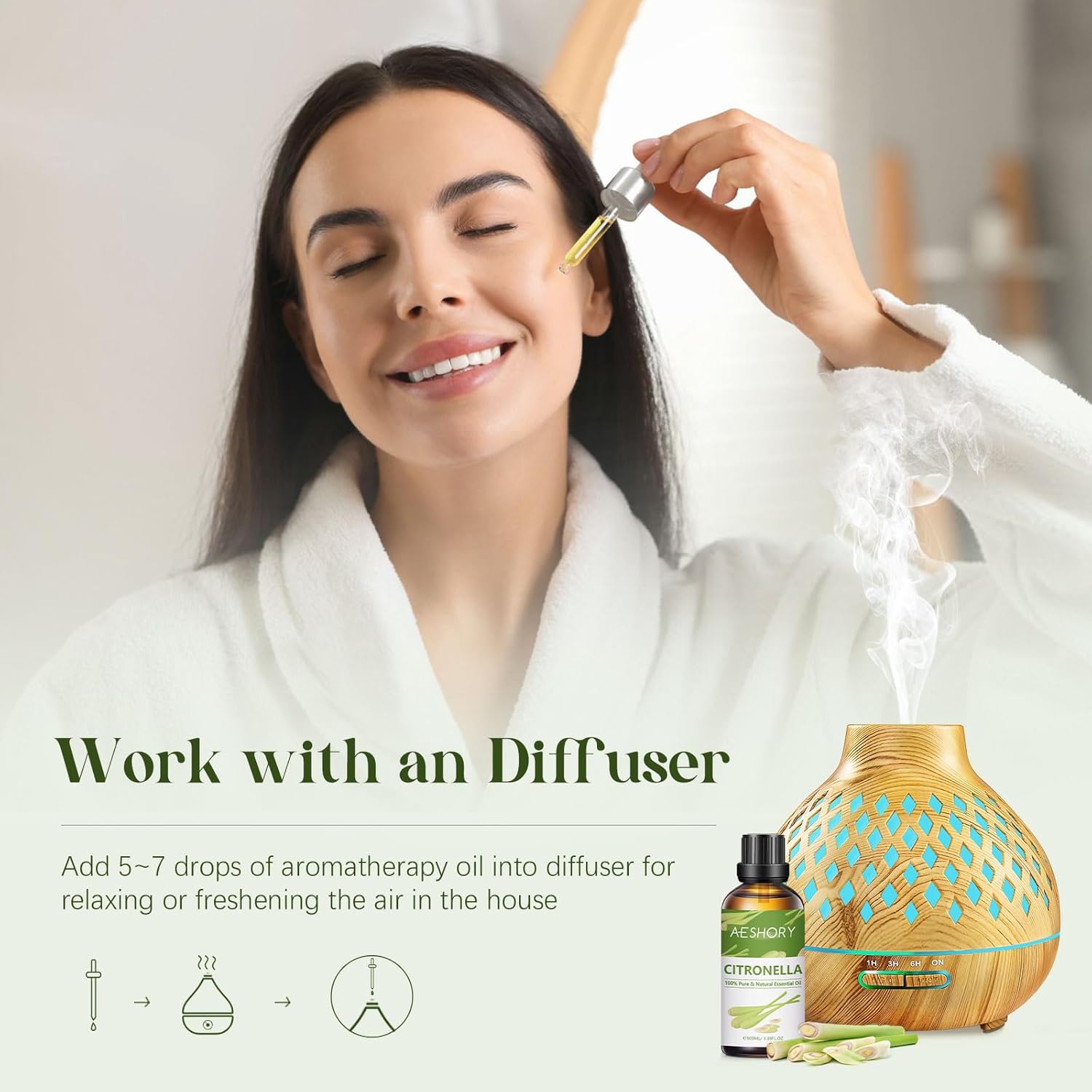 Detalle de AESHORY Citronella Essential Oil (Pure) 100ml – steam-distilled for diffusers, cleaning and DIY skincare