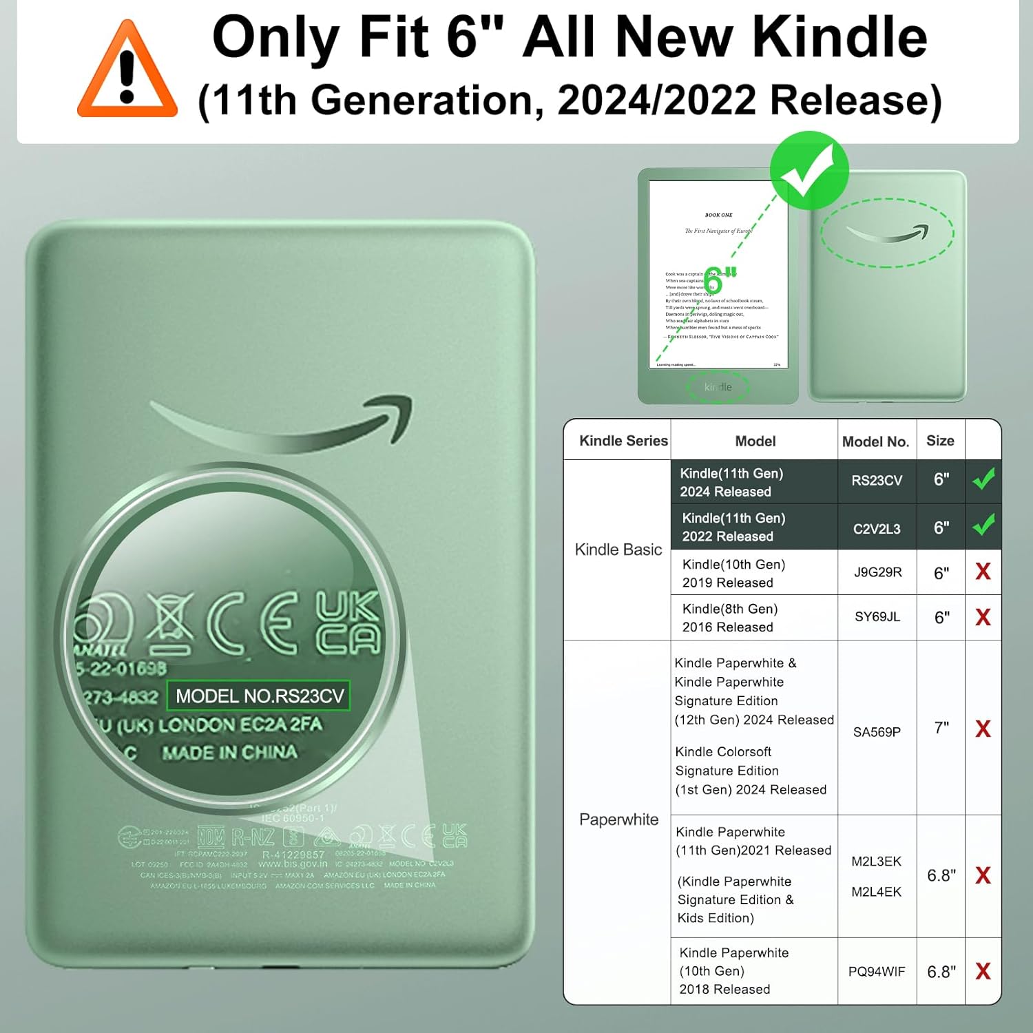 Thumbnail 1 de MoKo Funda Compatible con 6" Nuevo Kindle(11ª Generación 2024/2022), Carcasa Ligera Cubierta con Auto Activación/Reposo para Kindle 2024/2022 11ª Generación e-Reader, Agave Verde