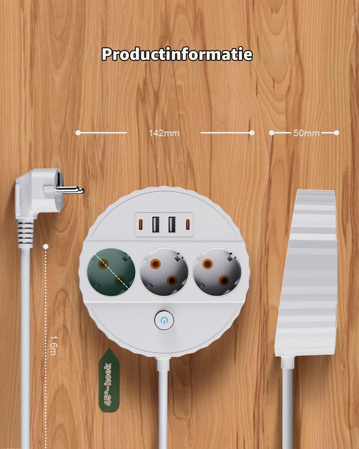 Detalle de Microwear 7-in-1 stekkerdoos, 2500 W, 2 USB-C-poorten en 1,8 m kabel