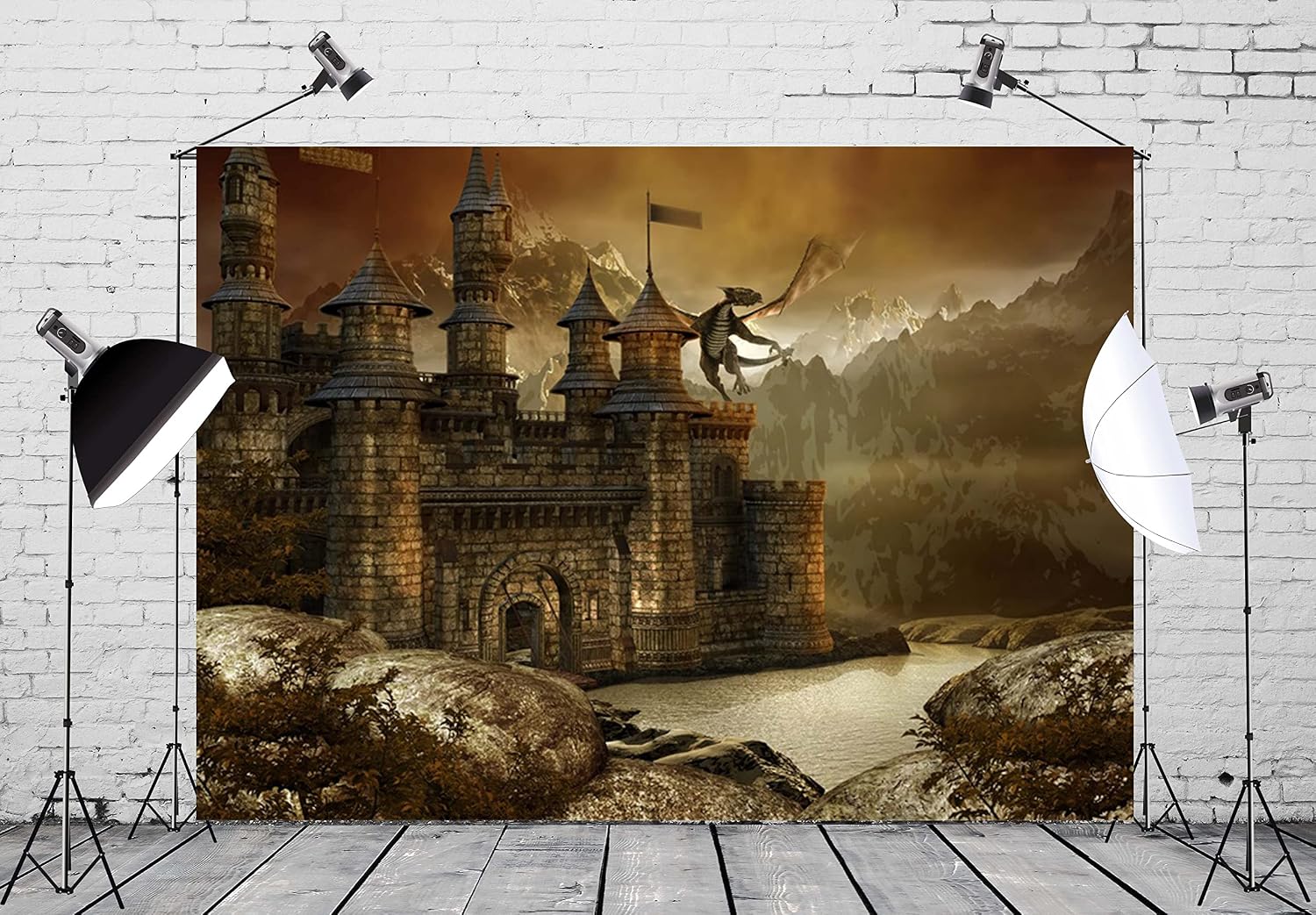 Thumbnail 1 de BELECO 2.1x1.5m Fabric Fantasy Fairytale Castle Backdrop with Dragon Scene