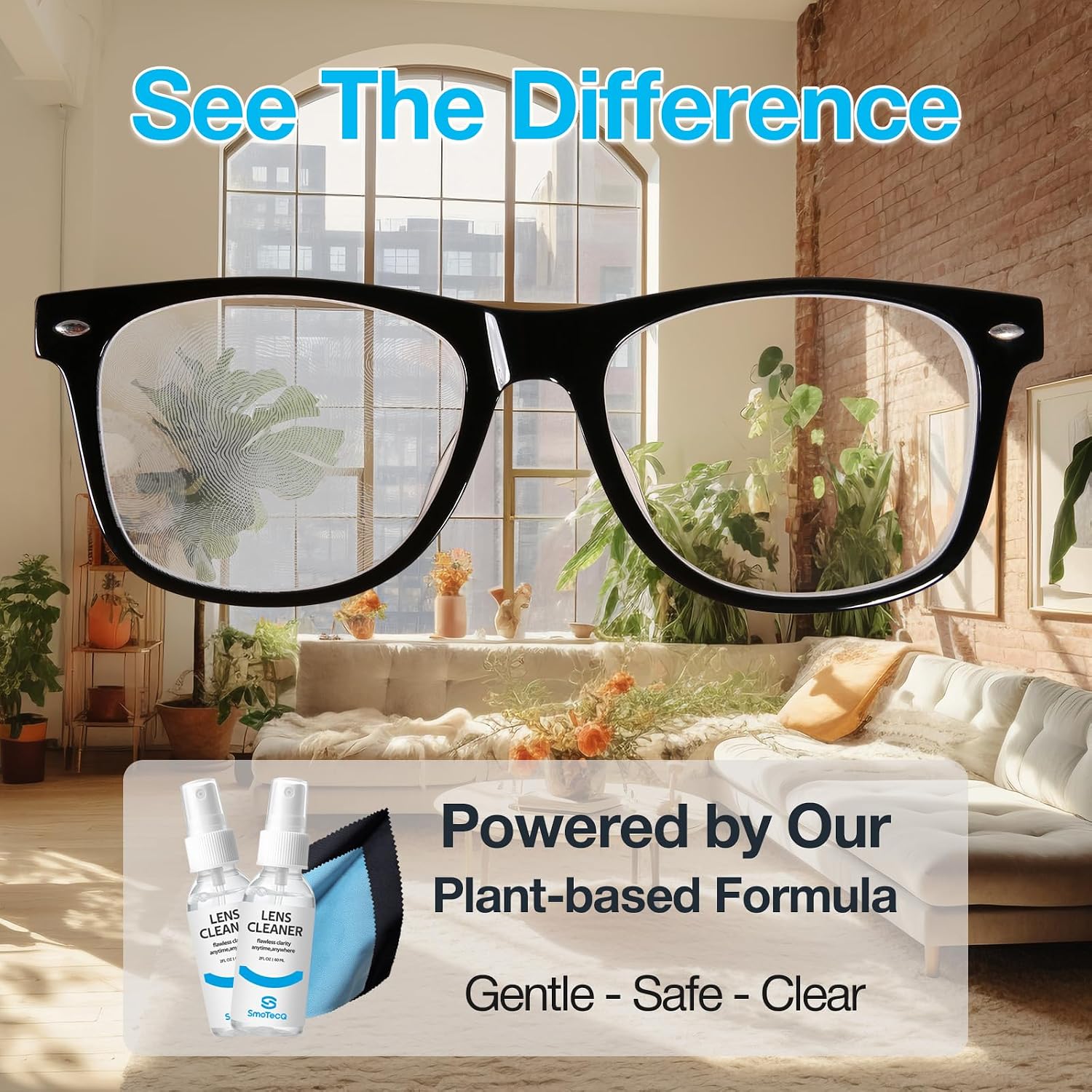 Detalle de SmoTecQ Glasses Cleaner Kit: Alcohol-Free, Plant-Based Spray + Ultra-Soft Cloths (2x 2oz, 2 Cloths, Travel Pouch)