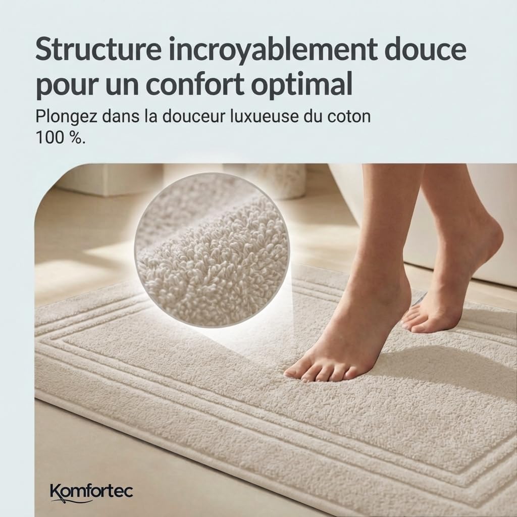 Thumbnail 1 de Komfortec Lot de 2 Tapis de Bain en coton absorbant 600 g/m² — Beige 50 x 70 cm