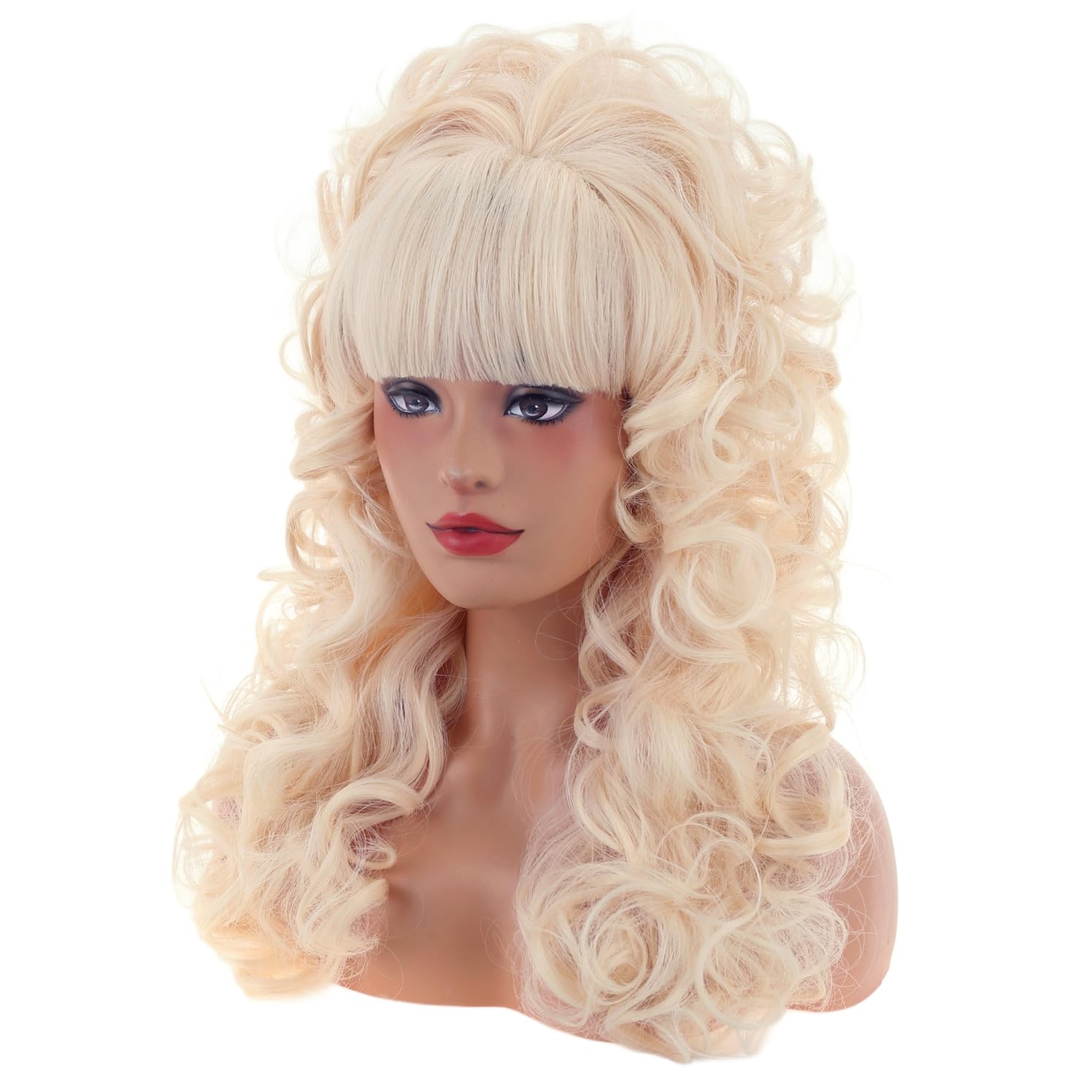 Detalle de MAGQOO 80s Long Curly Blonde Cosplay Wig with Bangs, Heat-Resistant Fiber