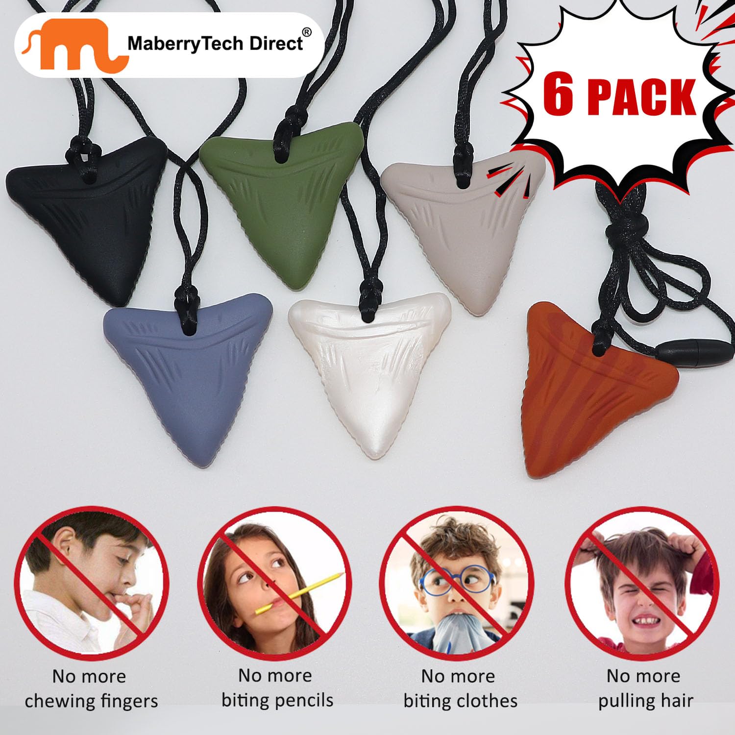 Detalle 2 de MaberryTech Shark Tooth Sensory Chewy Necklace, 6-Pack Silicone Chew Toys