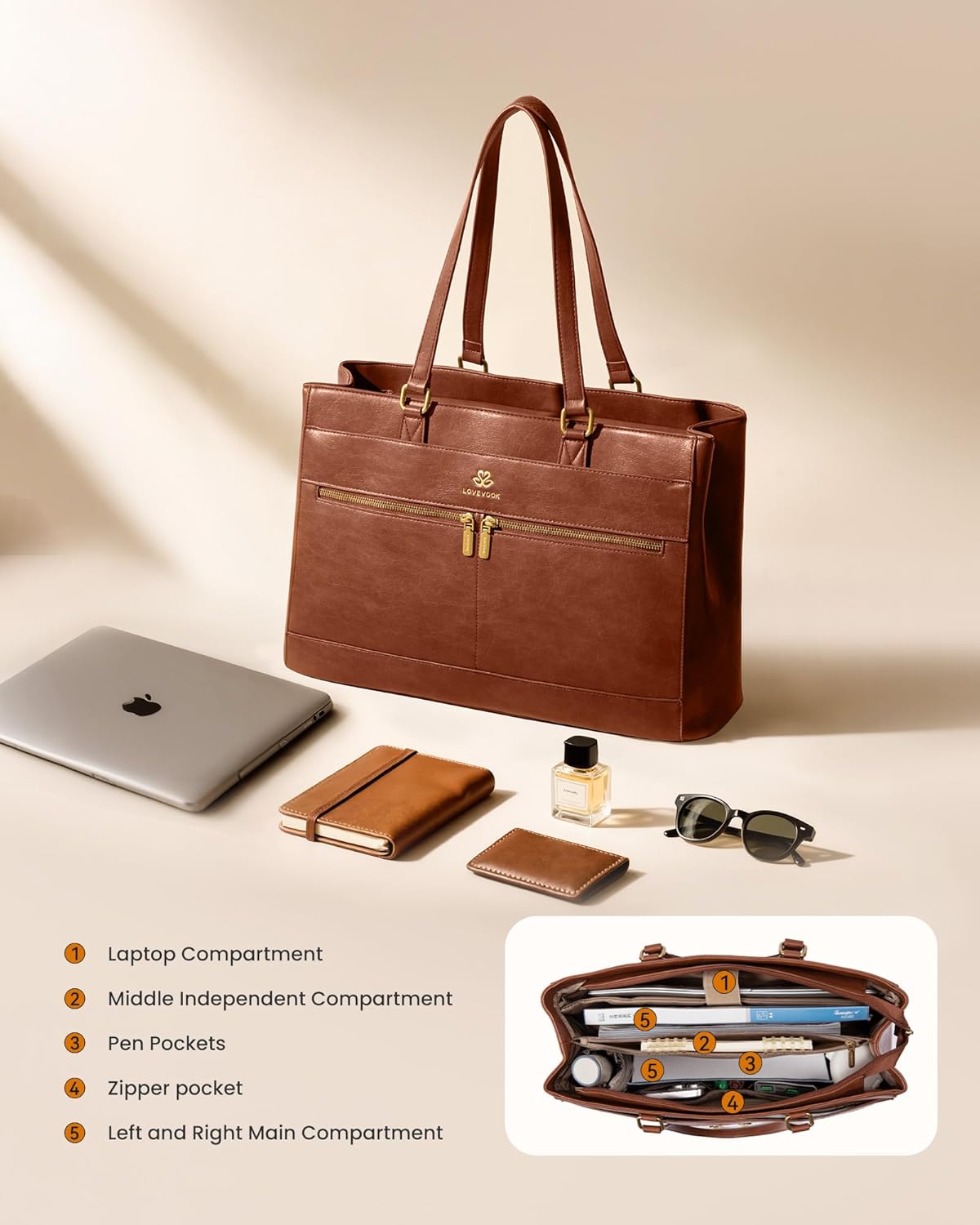 Thumbnail 3 de LOVEVOOK 17.3 Inch Laptop Handbag for Women – Vintage PU Leather Tote for Work, School and Travel