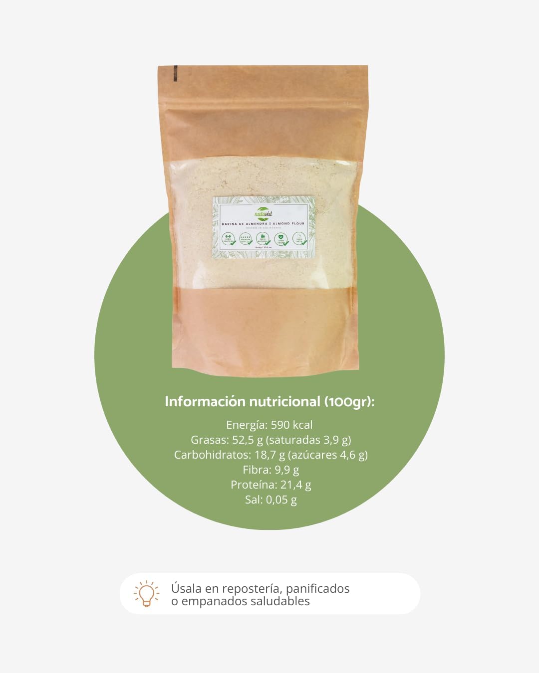 Detalle de Farine d'amande crue, moulue et épluchée – 1 kg, Keto-friendly et vegan