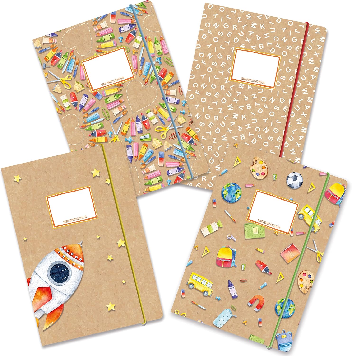 Detalle de Papierdrachen Papierdrachen 4 Schulmappen aus plastikfreiem Karton (DIN A4, Gummiband) – Motiv Aquarell, Set 12
