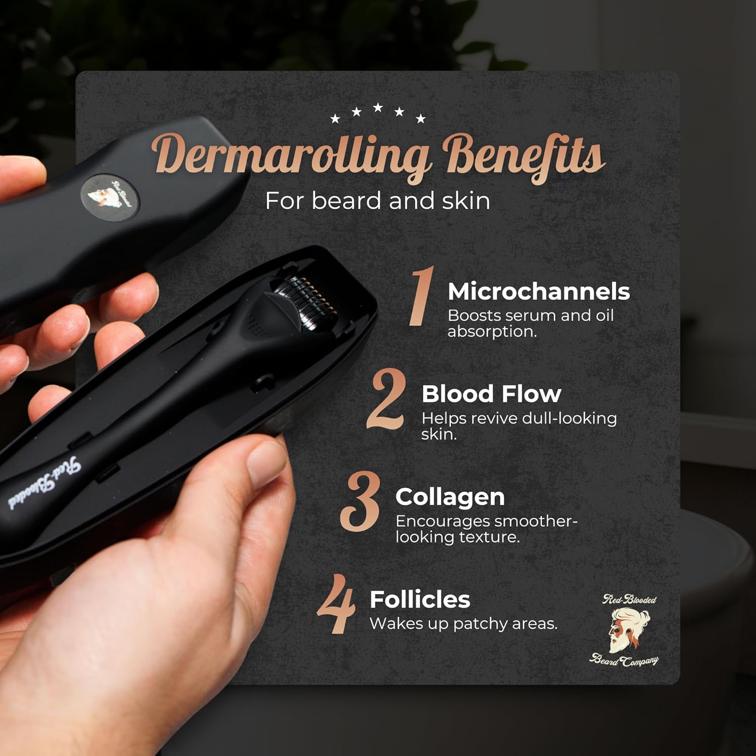 Detalle de Red-Blooded Bartroller 0,5mm – Dermaroller mit 540 Titan-Mikronadeln für Bart- und Haarwachstum