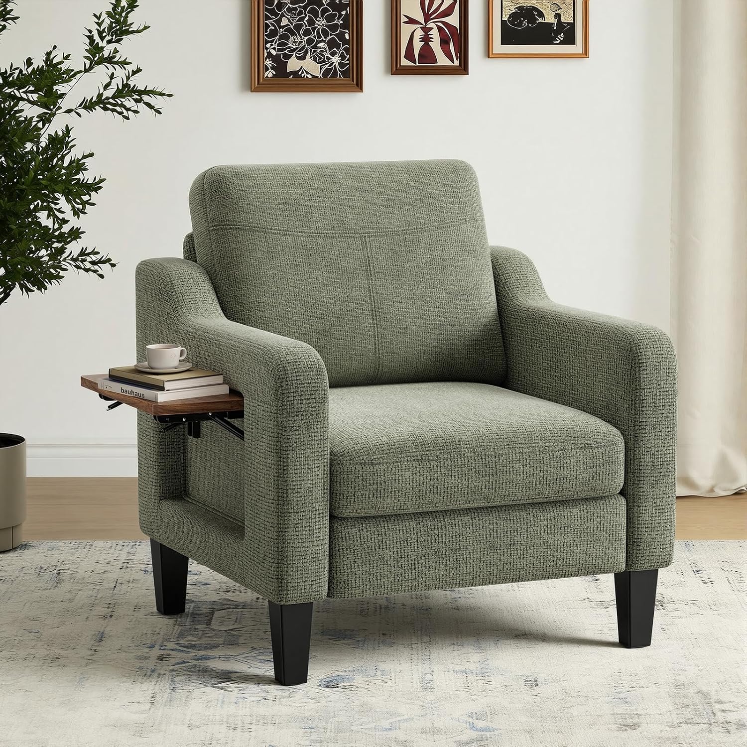 Detalle de COLAMY ACW08 Green Accent Chair with Foldable Side Table and Storage