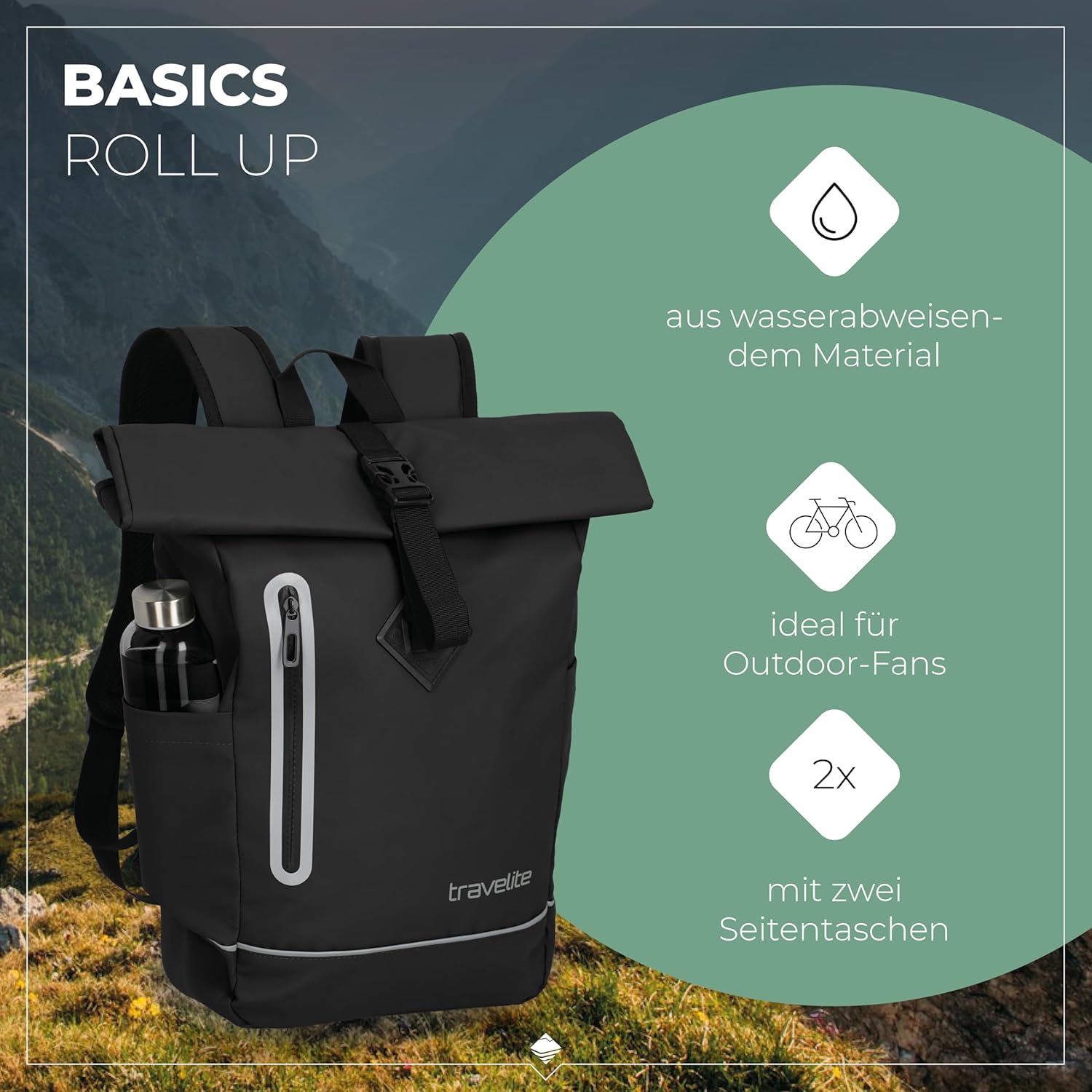 Detalle de Travelite BASICS Rolltop-Rucksack wasserfest mit Reflektoren (19 Liter)