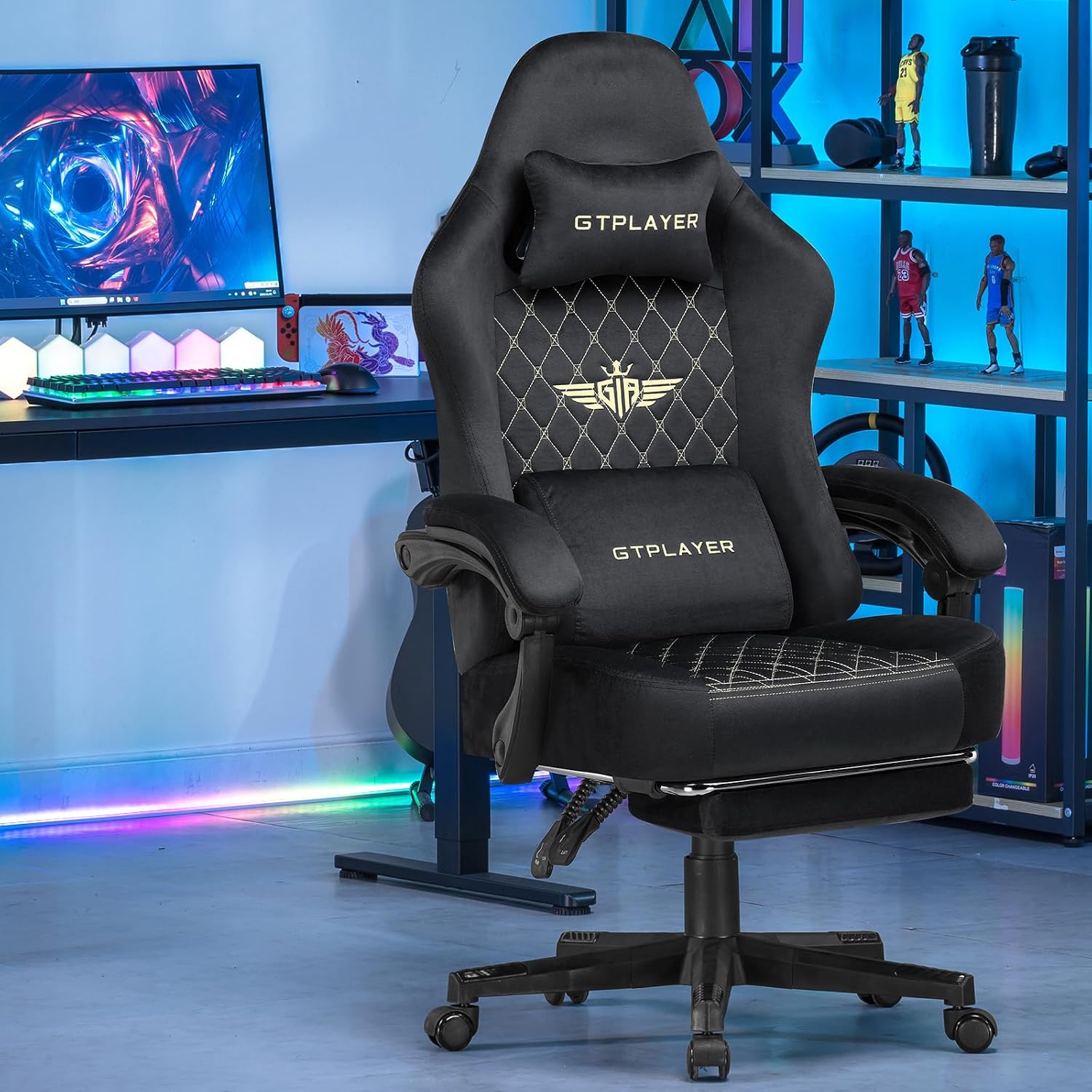 Detalle de GTPLAYER GT830 gamingstoel in zwarte stof met verstelbare rugleuning en voetensteun